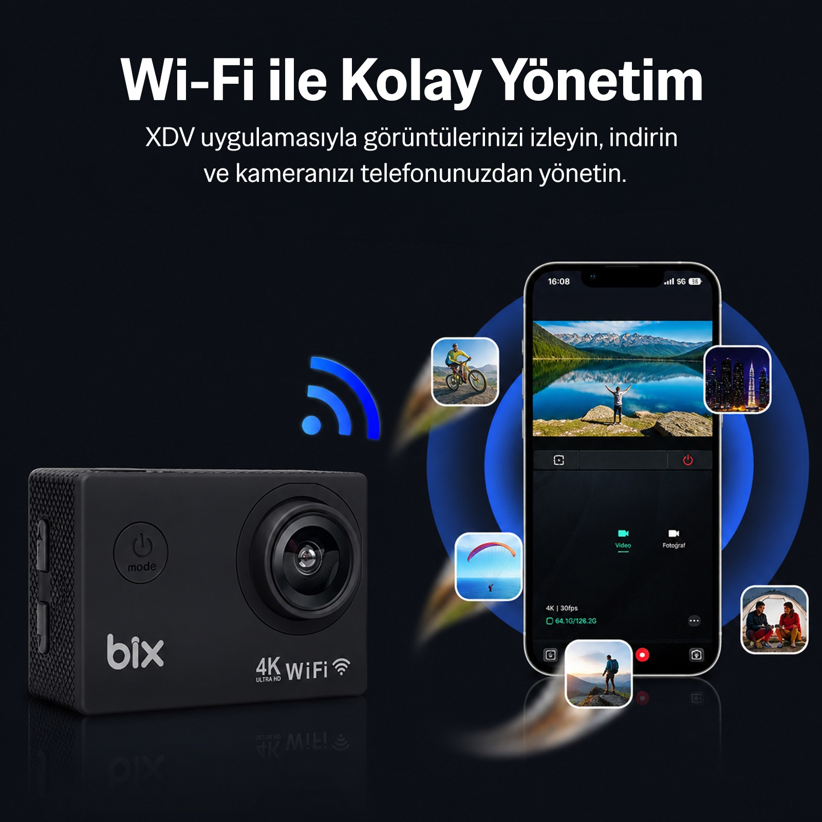 Fotoğrafları ve uygulama kontrollerini gösteren akıllı telefonun yanında Wi-Fi'li siyah bir 4K aksiyon kamerası.