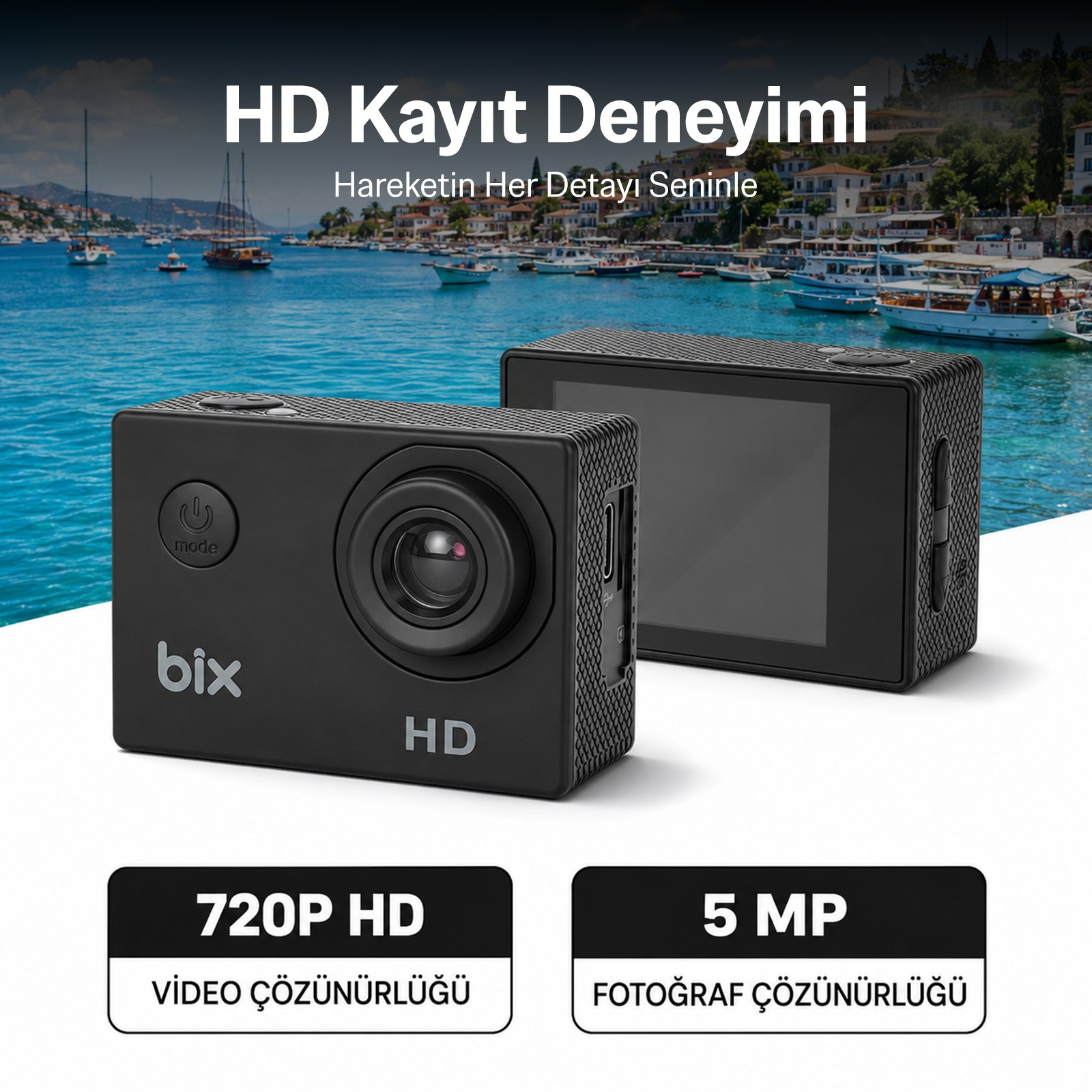 Arka planda sahil kasabası ve deniz olan beyaz yüzeyde iki siyah aksiyon kamerası.