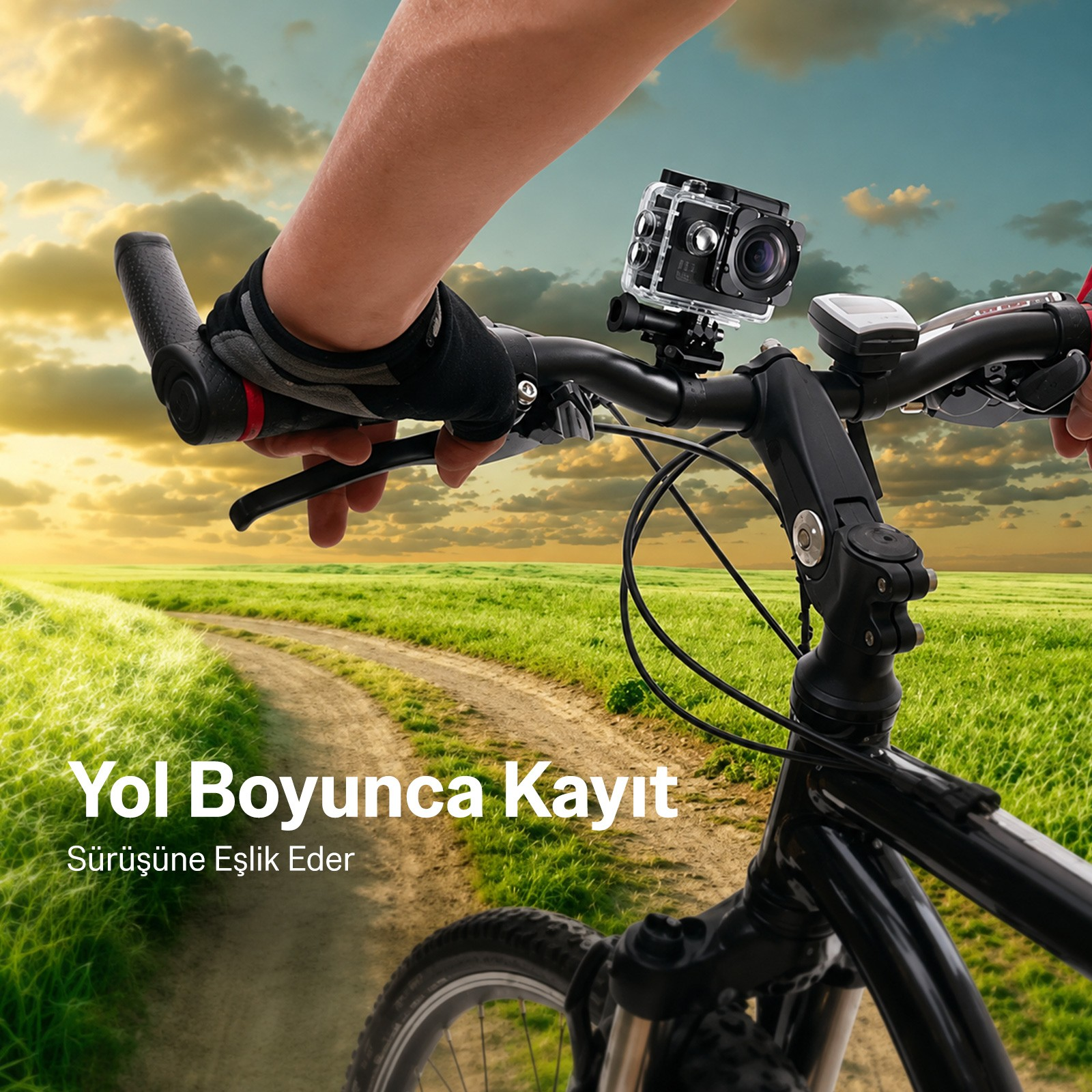 Gün batımında toprak yola bakan, aksiyon kameralı bisiklet gidonu.