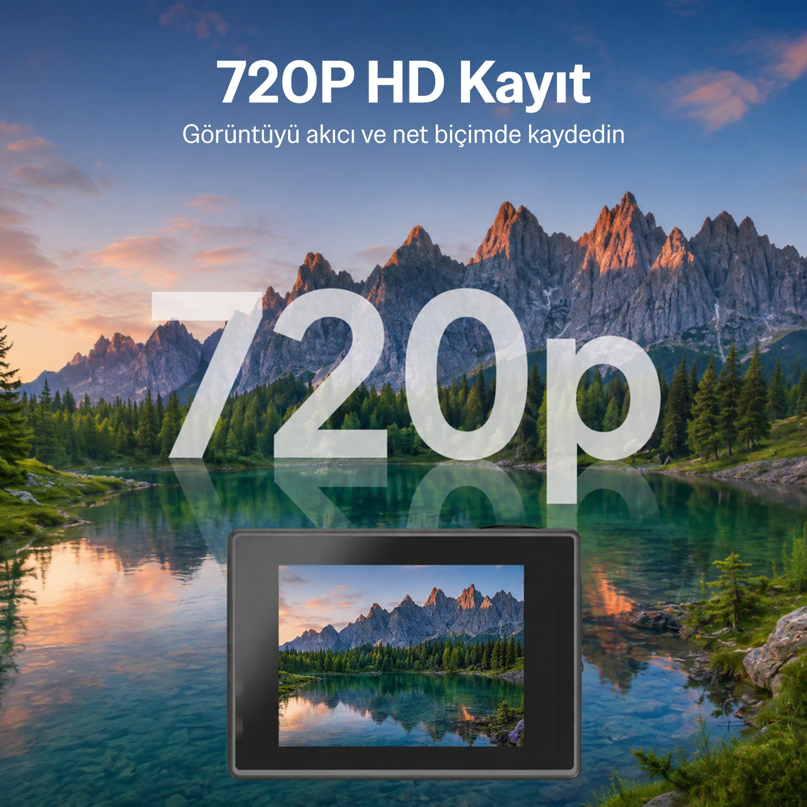 Gölde dağ manzarası gösteren kamera ekranı ve 720P HD Kayıt yazısı.