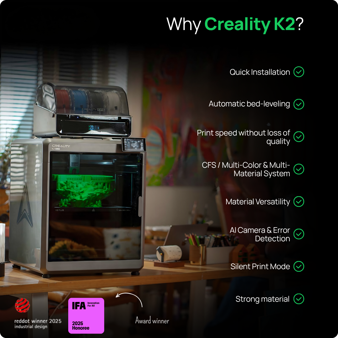 Creality K2 3D-Drucker auf einem Holztisch mit Funktionsliste rechts und Preisschildern unten.