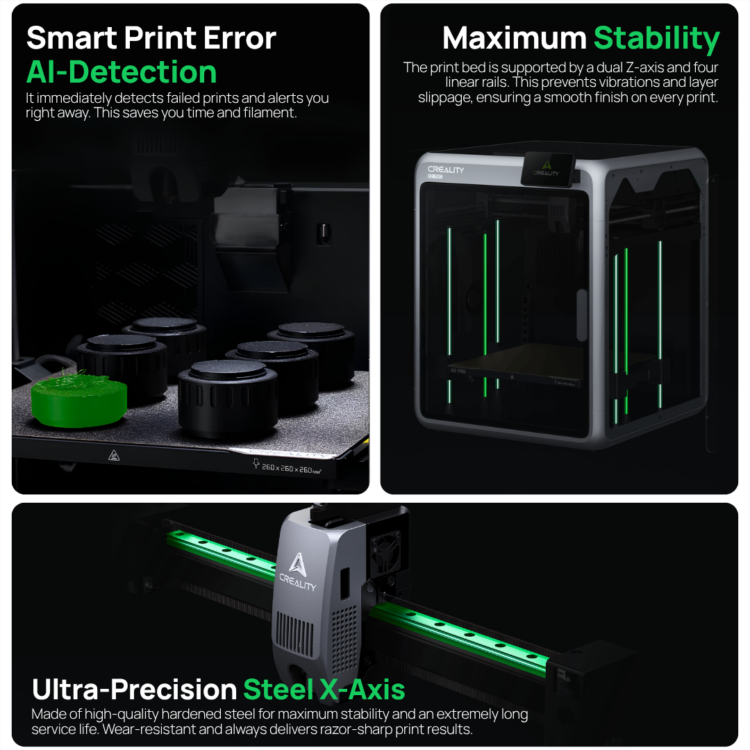 3D-Drucker mit AI-Fehlererkennung, stabiler Z-Achse und Präzisionsstahl-X-Achse für perfekte Druckergebnisse.
