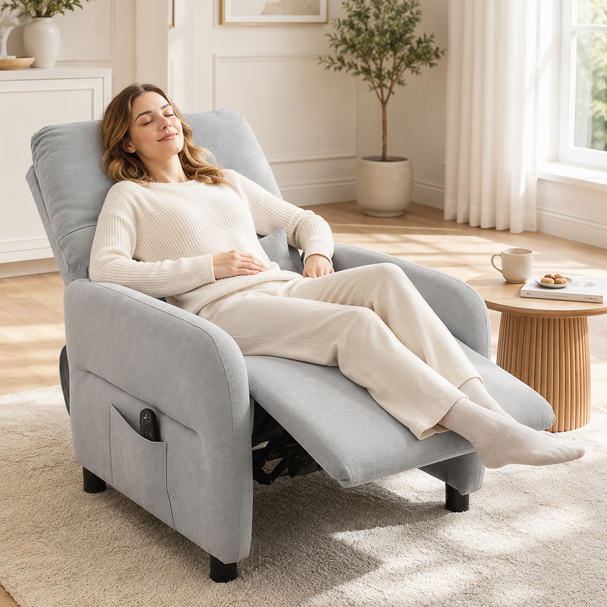 Una mujer descansa plácidamente en un sillón reclinable gris claro en una sala de estar iluminada por el sol.
