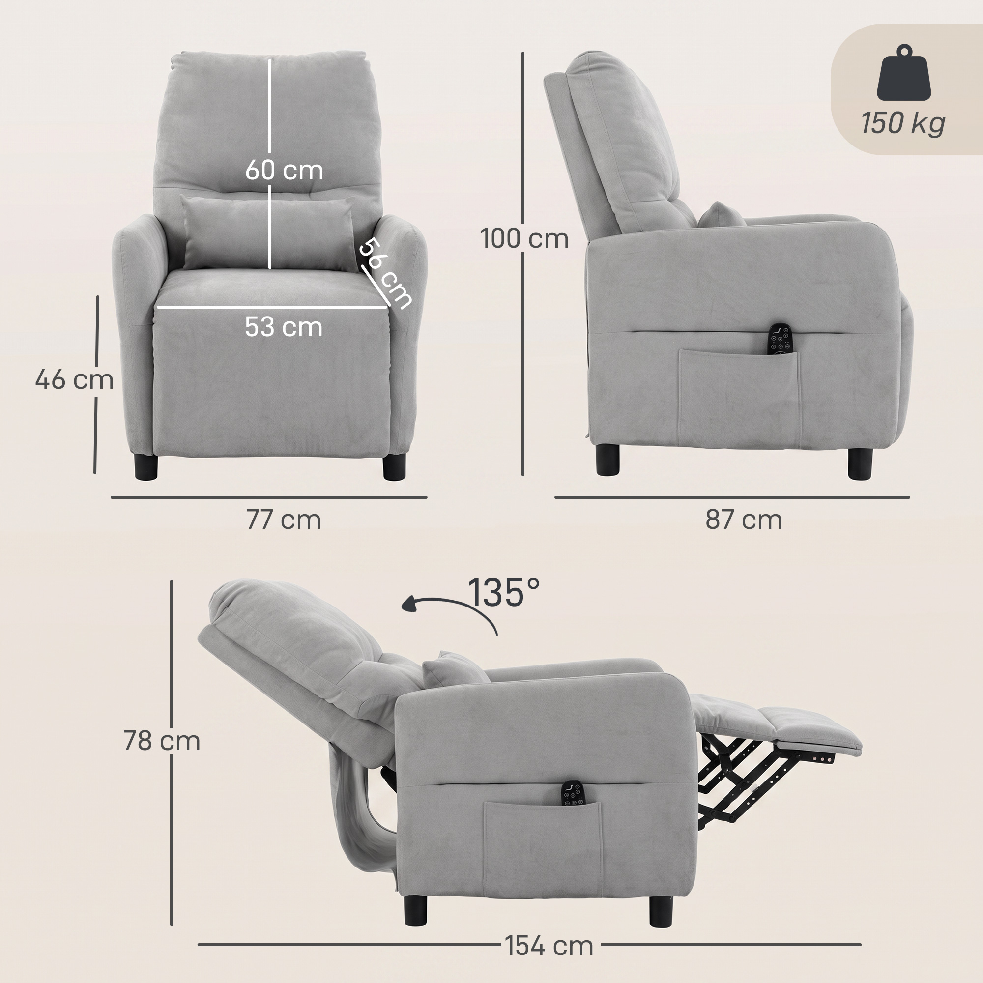 Sillón reclinable gris de tela con dimensiones y capacidad de 150 kg.