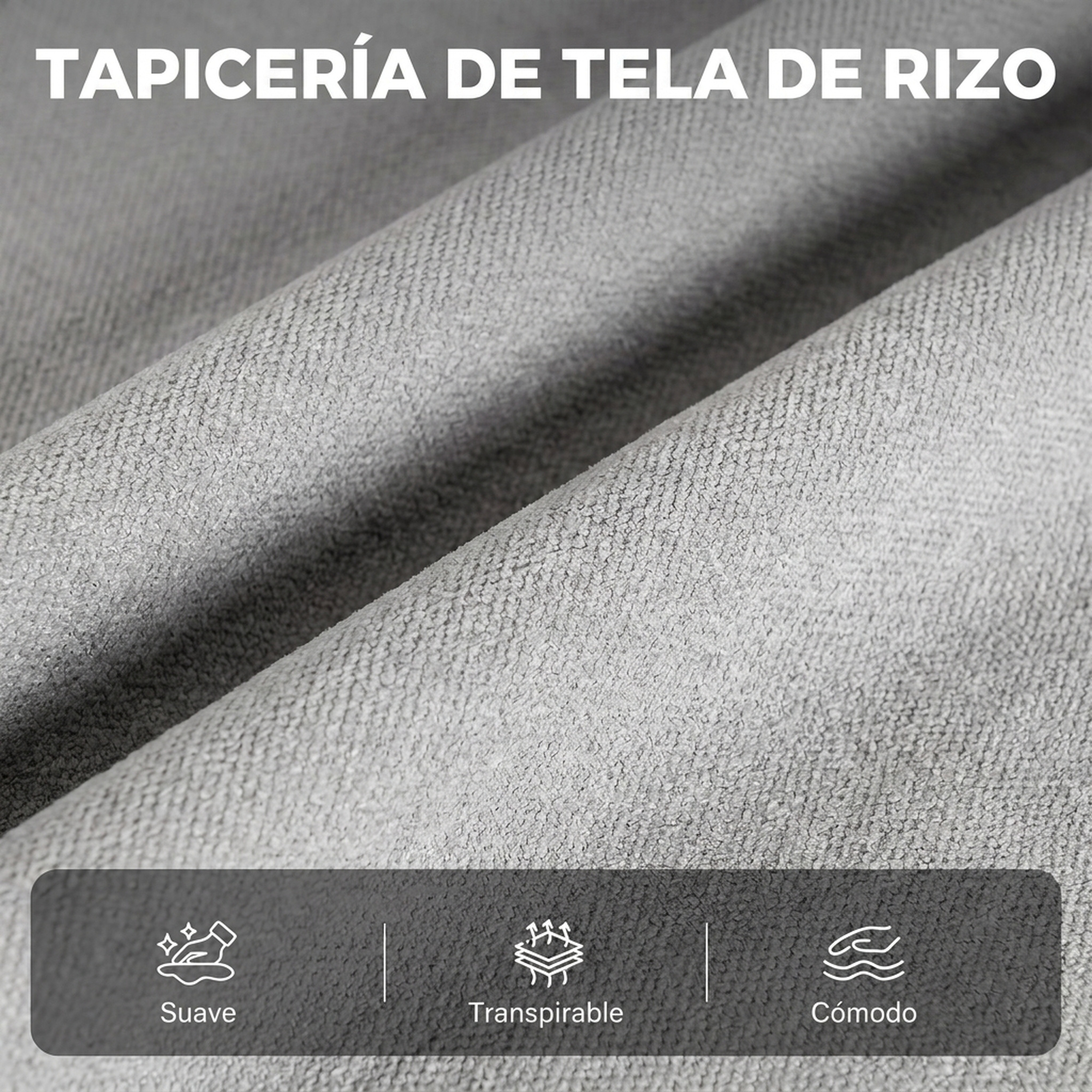 Tela de tapicería de rizo gris con iconos de suave, transpirable y cómodo abajo.