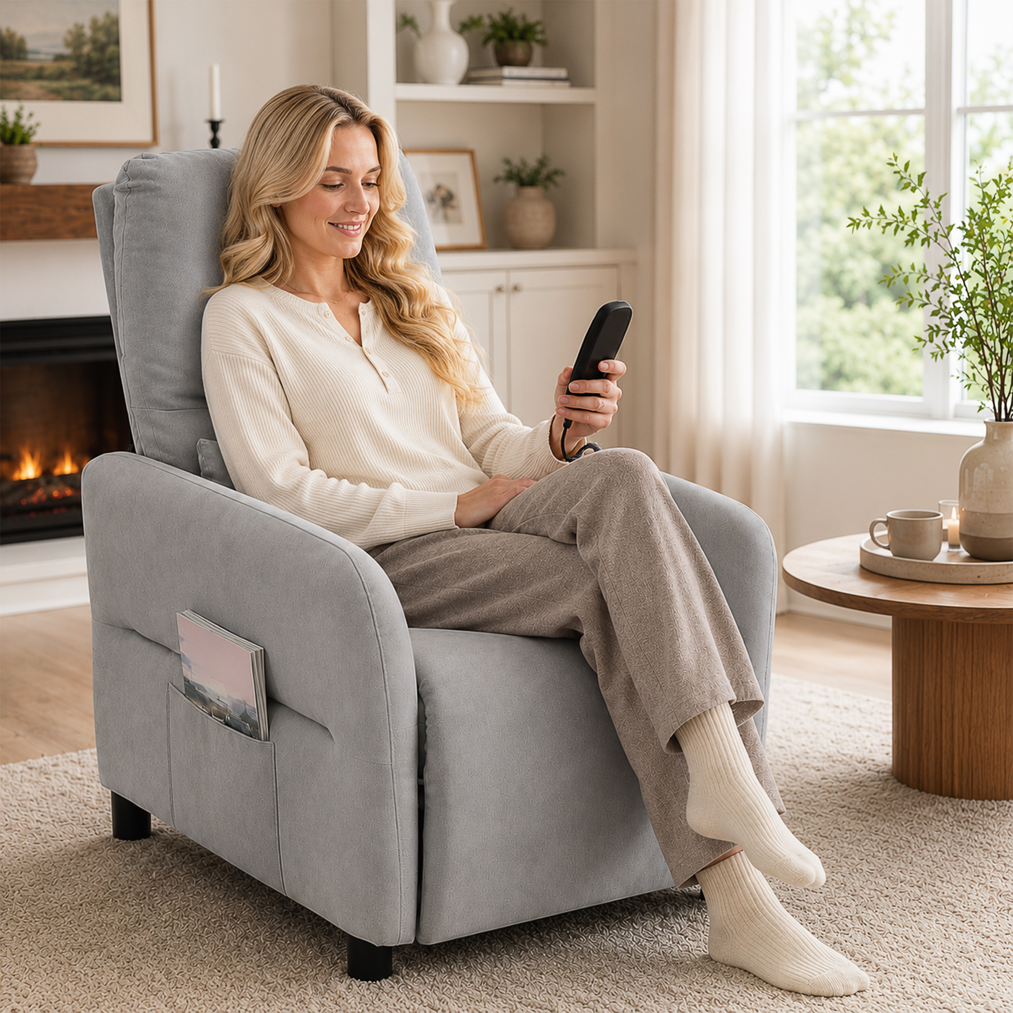 Una mujer rubia está sentada en un sillón gris y usa un control remoto en una sala luminosa.