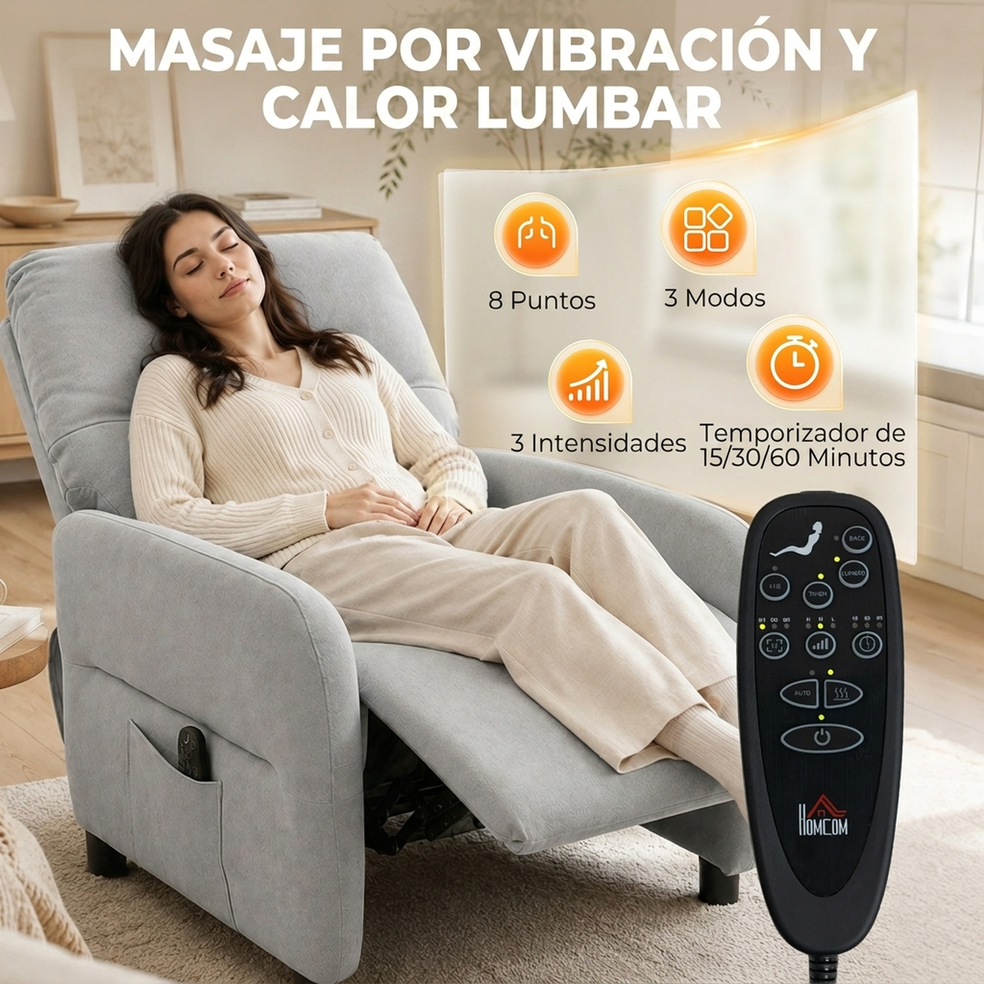 Mujer descansando en un sillón de masajes gris con control remoto y gráficos.