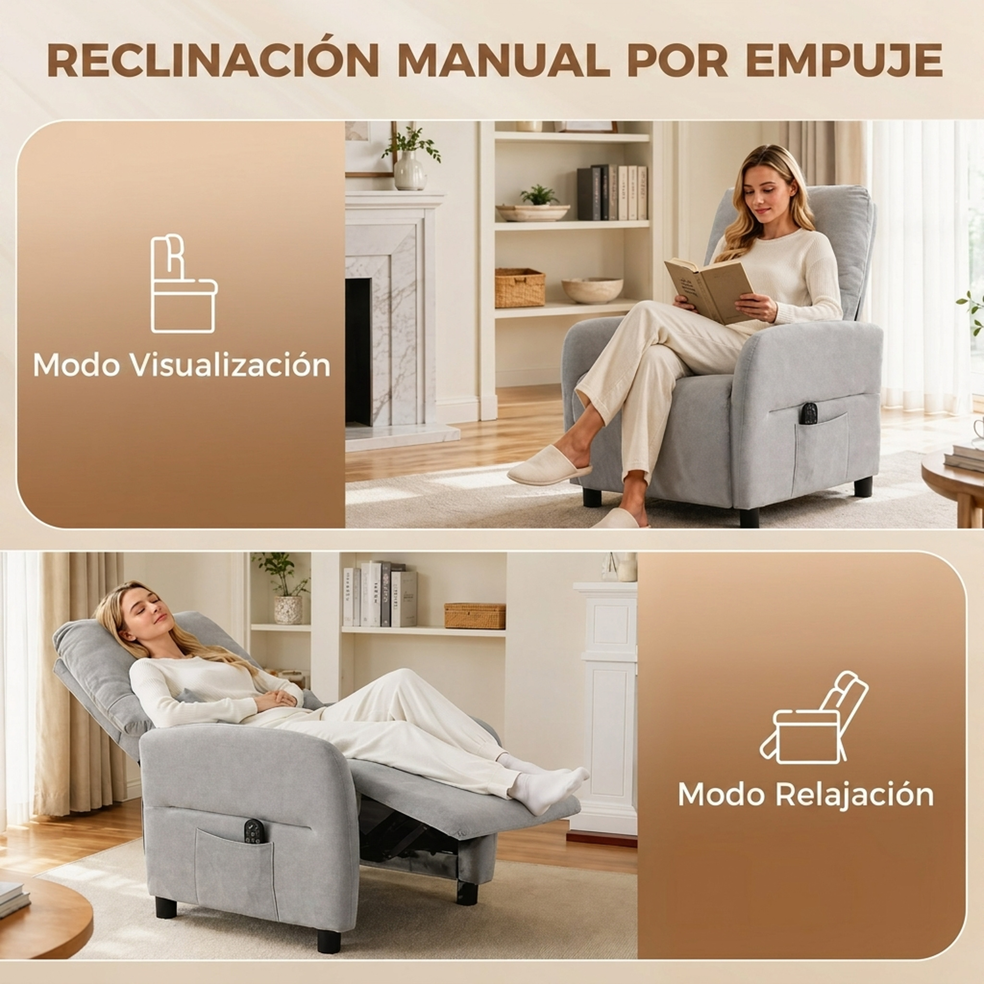 Una mujer lee en un sillón gris y se relaja recostada en él en la segunda imagen.