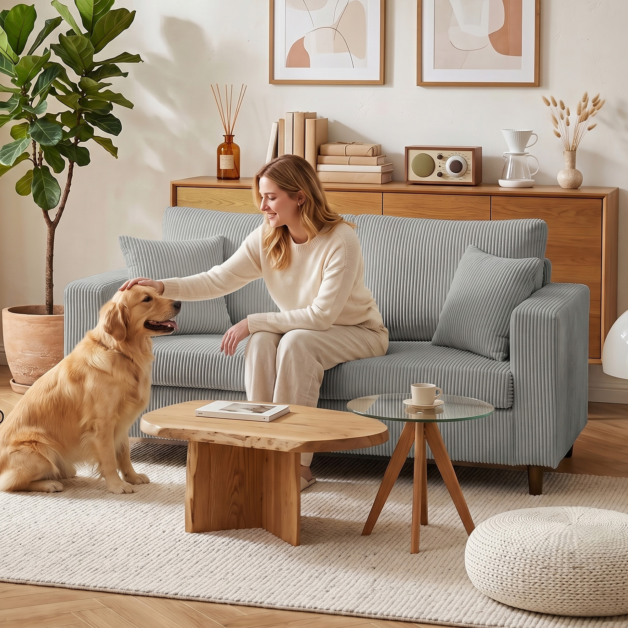Una mujer con ropa clara se sienta en un sofá gris y acaricia a un golden retriever en una sala de estar moderna.