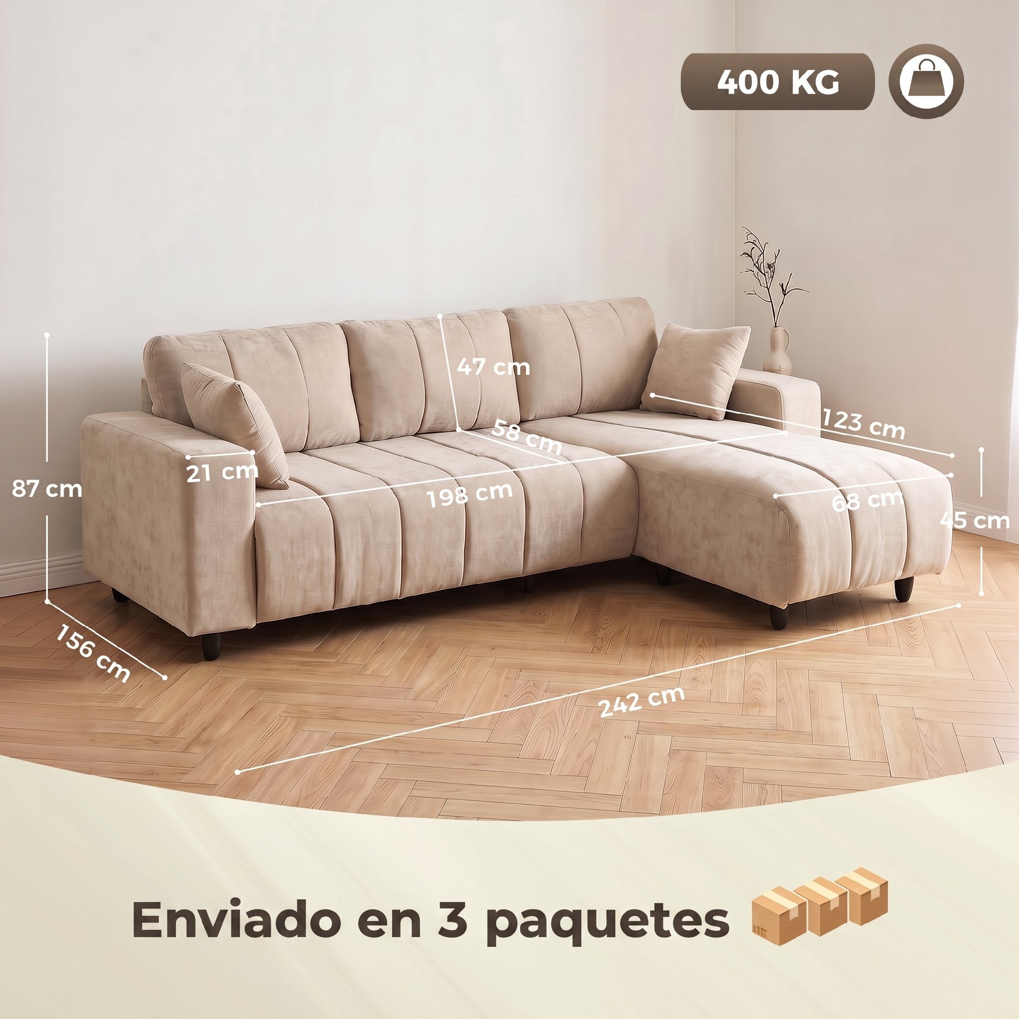 Sofá seccional beige con medidas, suelo de madera y texto de 3 paquetes.
