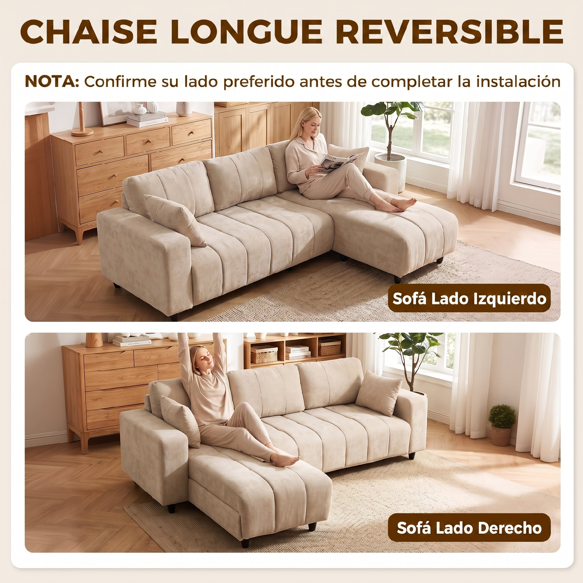 Un sofá modular beige con chaiselongue reversible que se puede colocar a la izquierda o a la derecha.