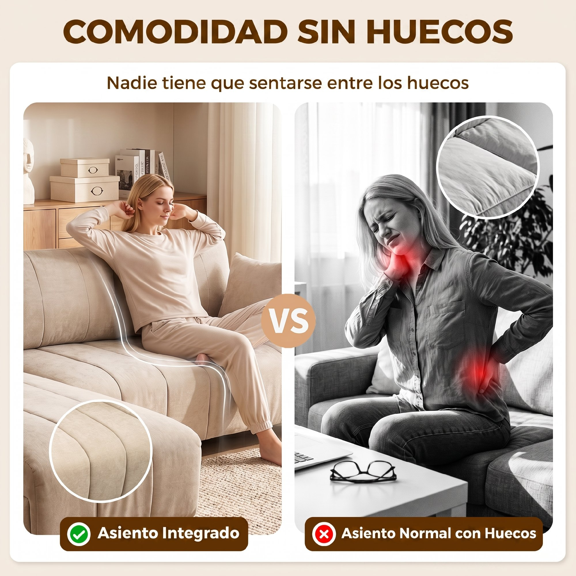 Comparación de una mujer cómoda en un sofá sin huecos frente a otra con dolor en un sofá normal.