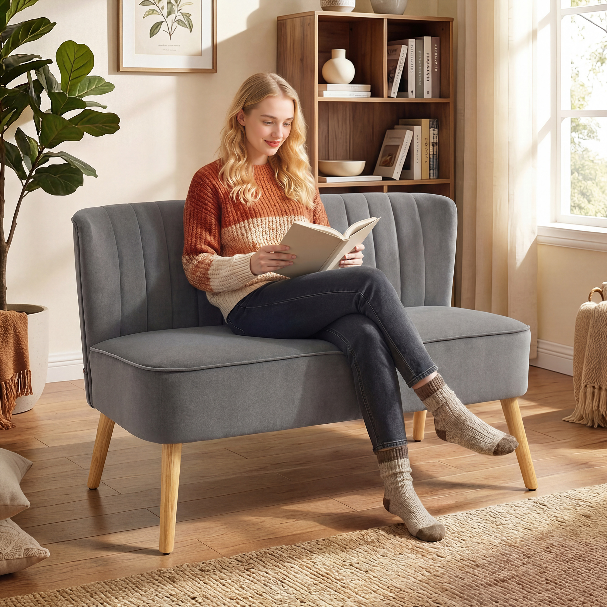 Una mujer rubia está sentada en un sofá gris en una sala de estar, leyendo un libro.