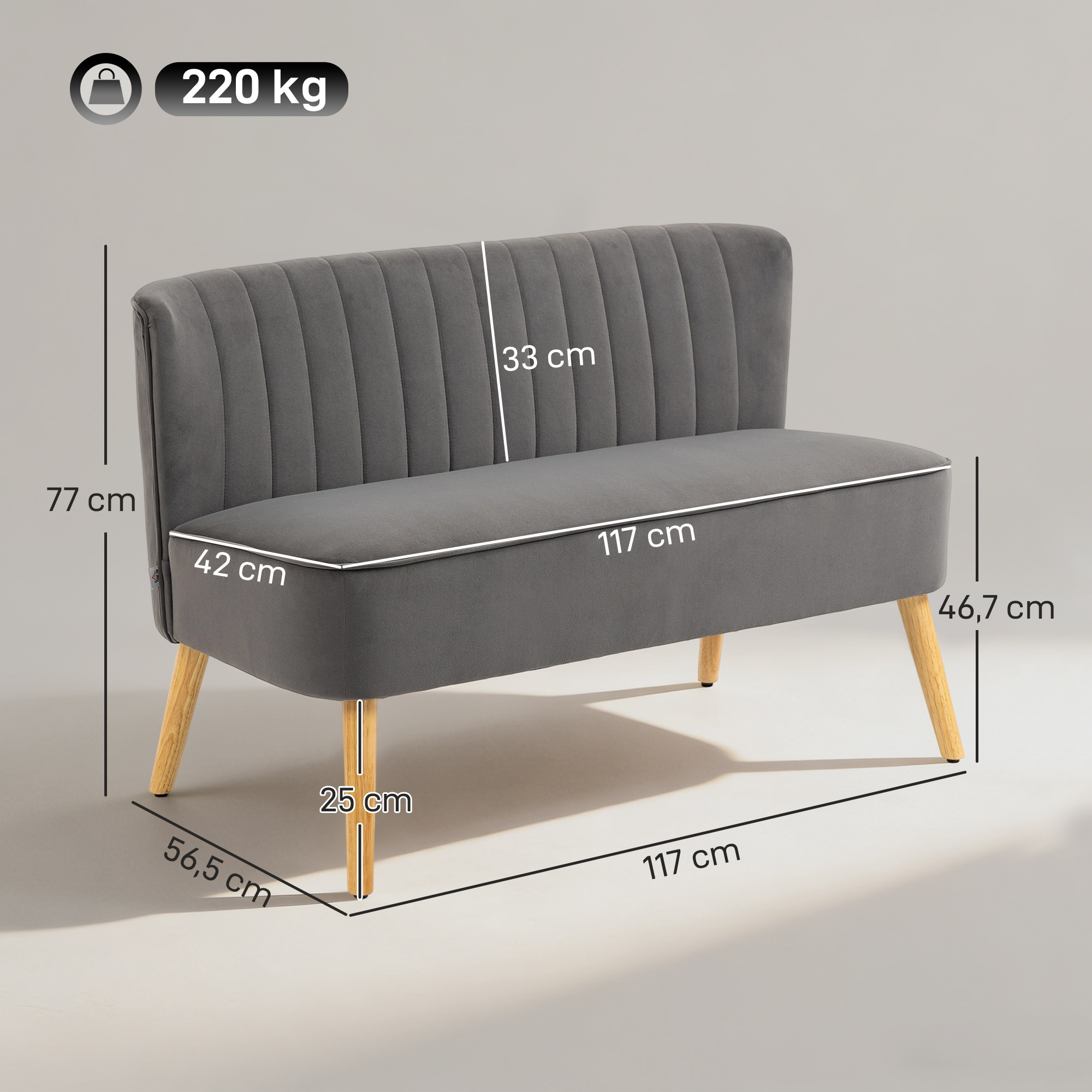 Banco tapizado gris con patas de madera y acotaciones de medidas.