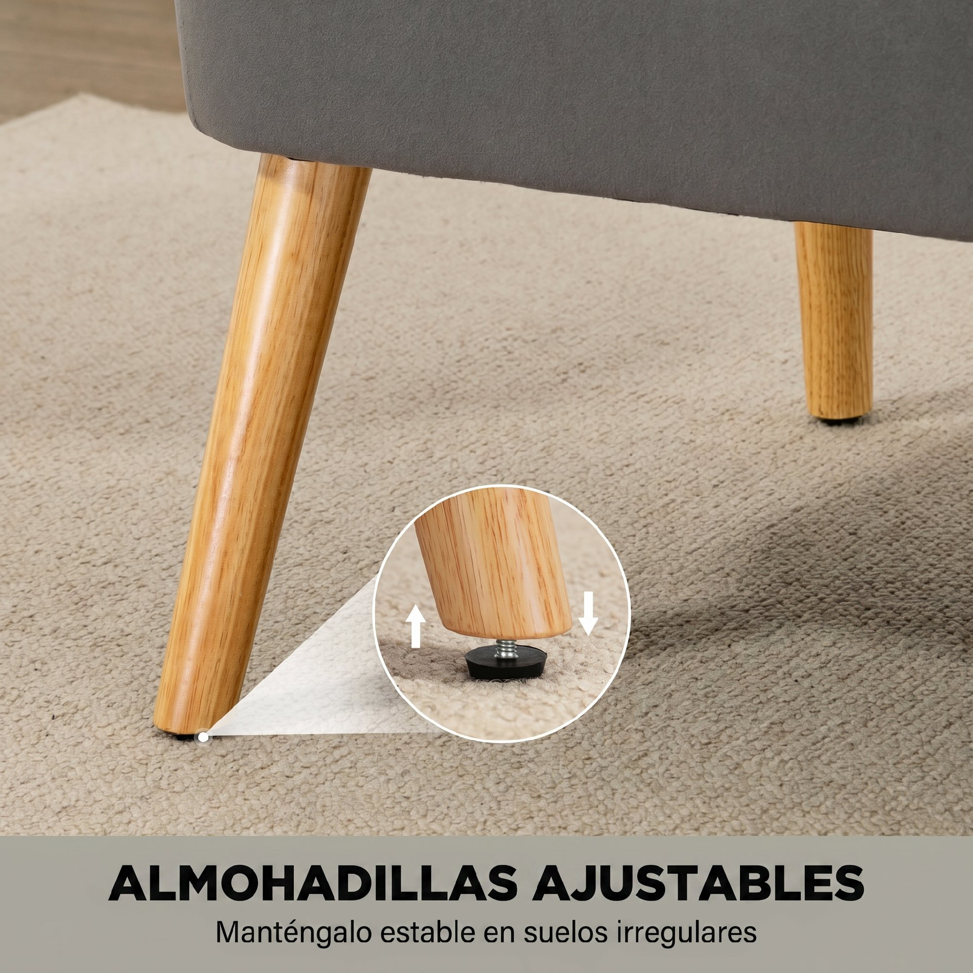 Primer plano de patas de madera de silla en una alfombra con detalle de almohadilla ajustable.
