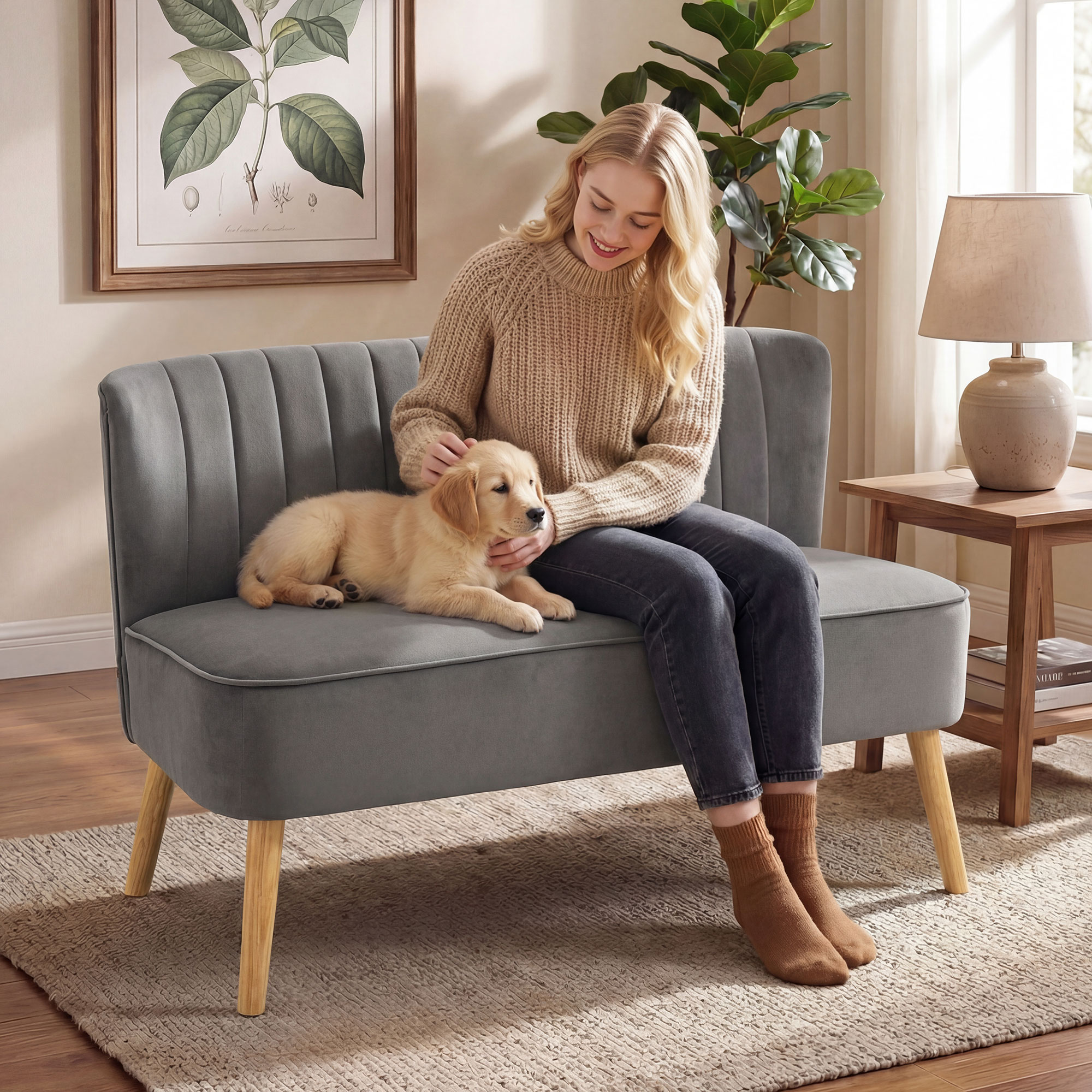 Una mujer rubia se sienta en un sofá gris acariciando a un tierno cachorro de golden retriever.