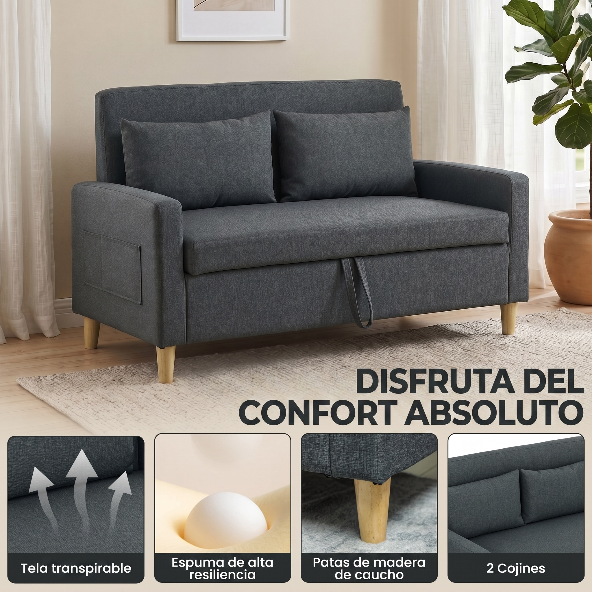 Sofá cama gris oscuro con cojines y patas de madera en una habitación luminosa, con cuatro imágenes de detalle.