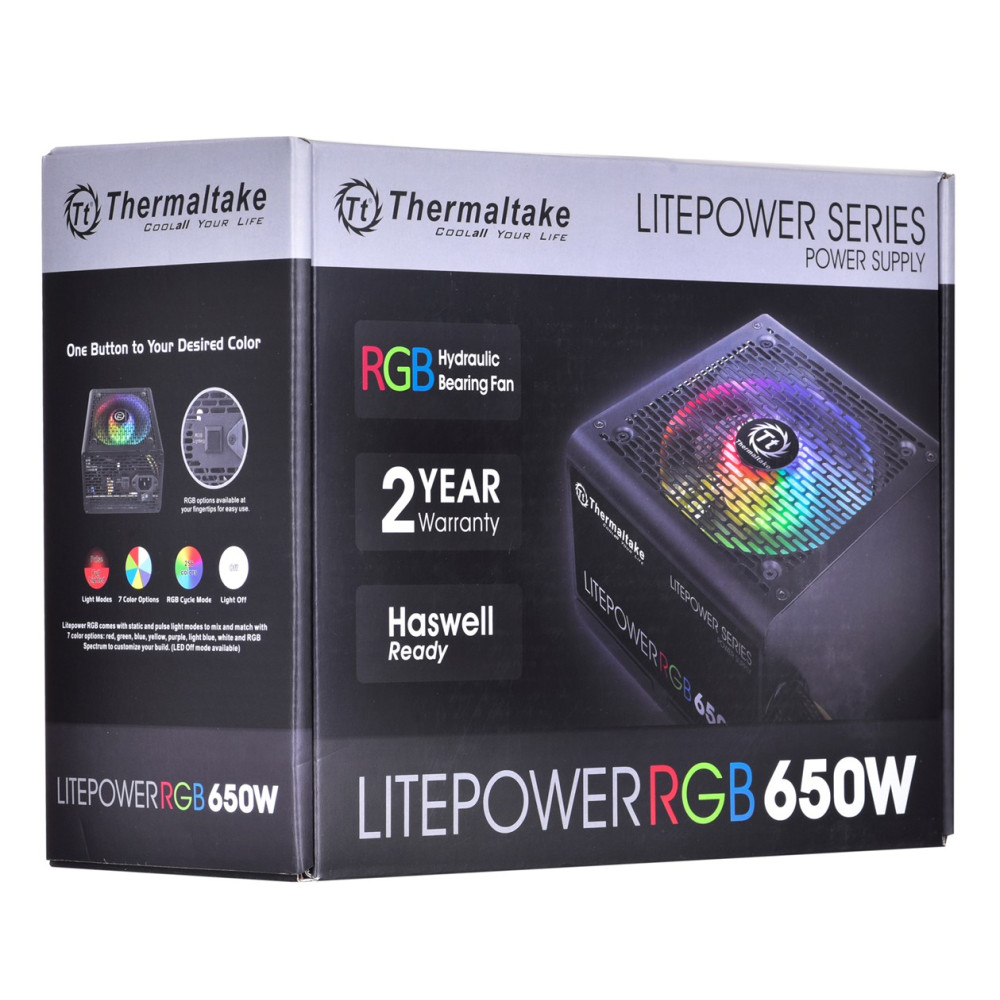 Opakowanie zasilacza Thermaltake Litepower RGB 650W ze szczegółami.