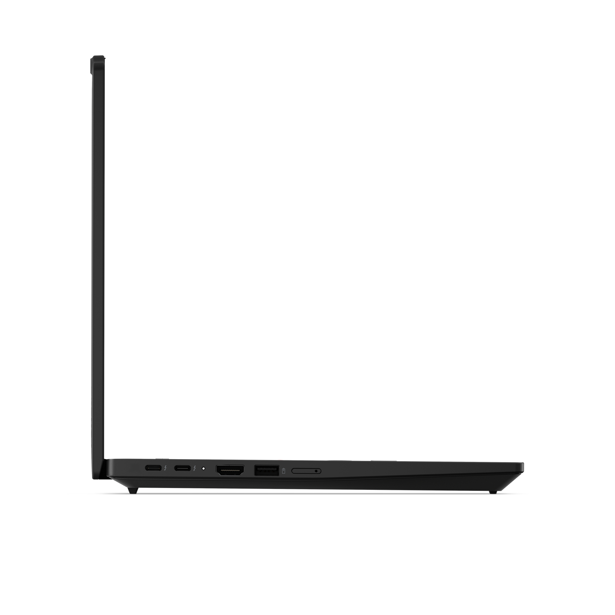 Lato sinistro di un computer portatile nero chiuso con porte USB-C, HDMI e USB visibili.