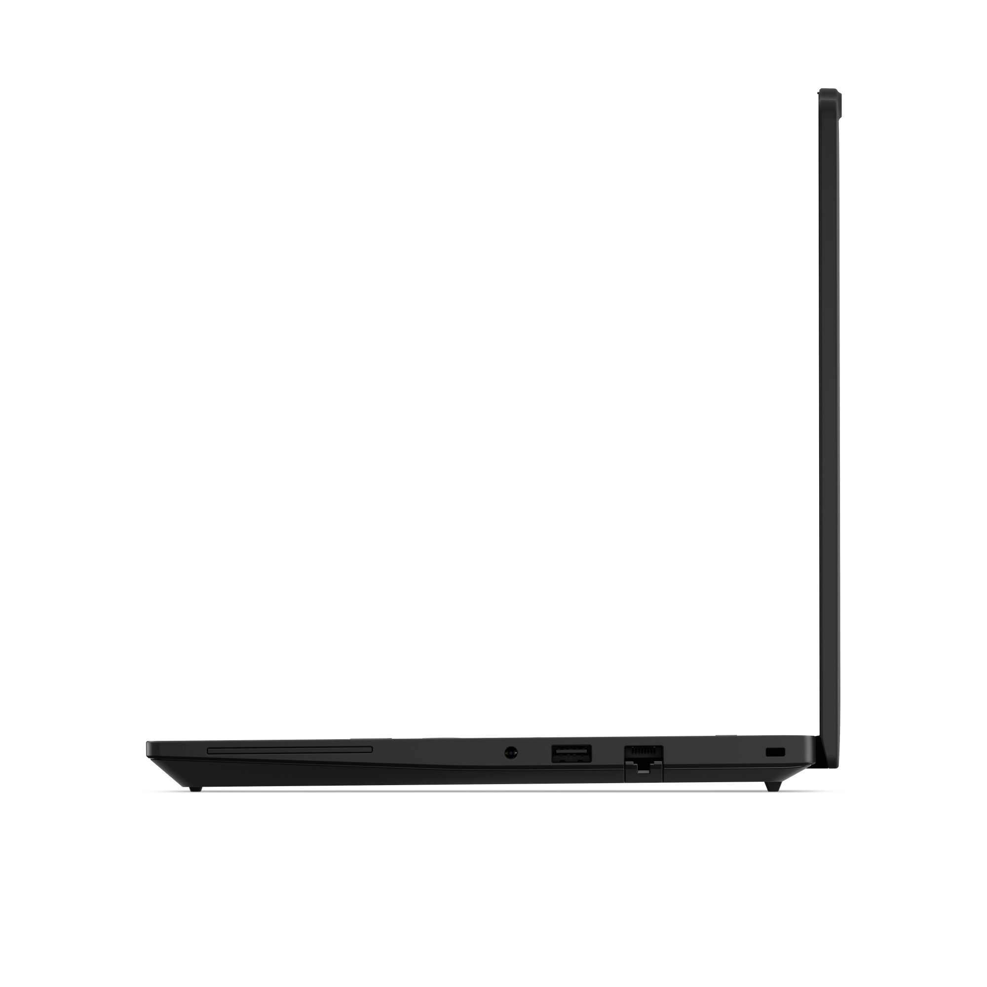 Vista laterale di un laptop nero chiuso che mostra le porte su sfondo bianco.