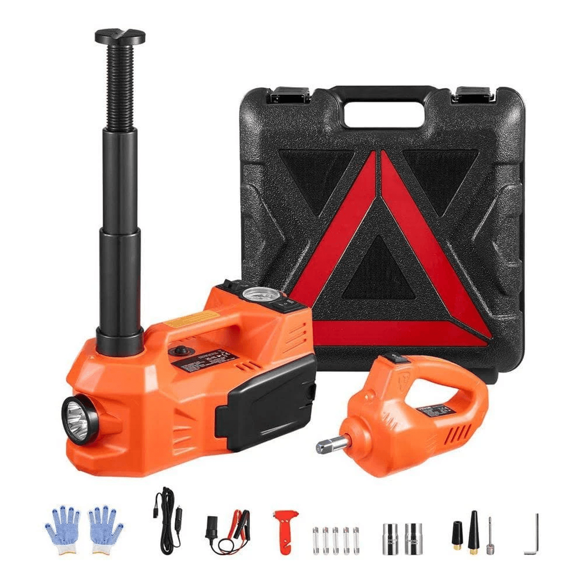 Gato de coche naranja, llave de impacto, maletín con triángulo rojo y accesorios.