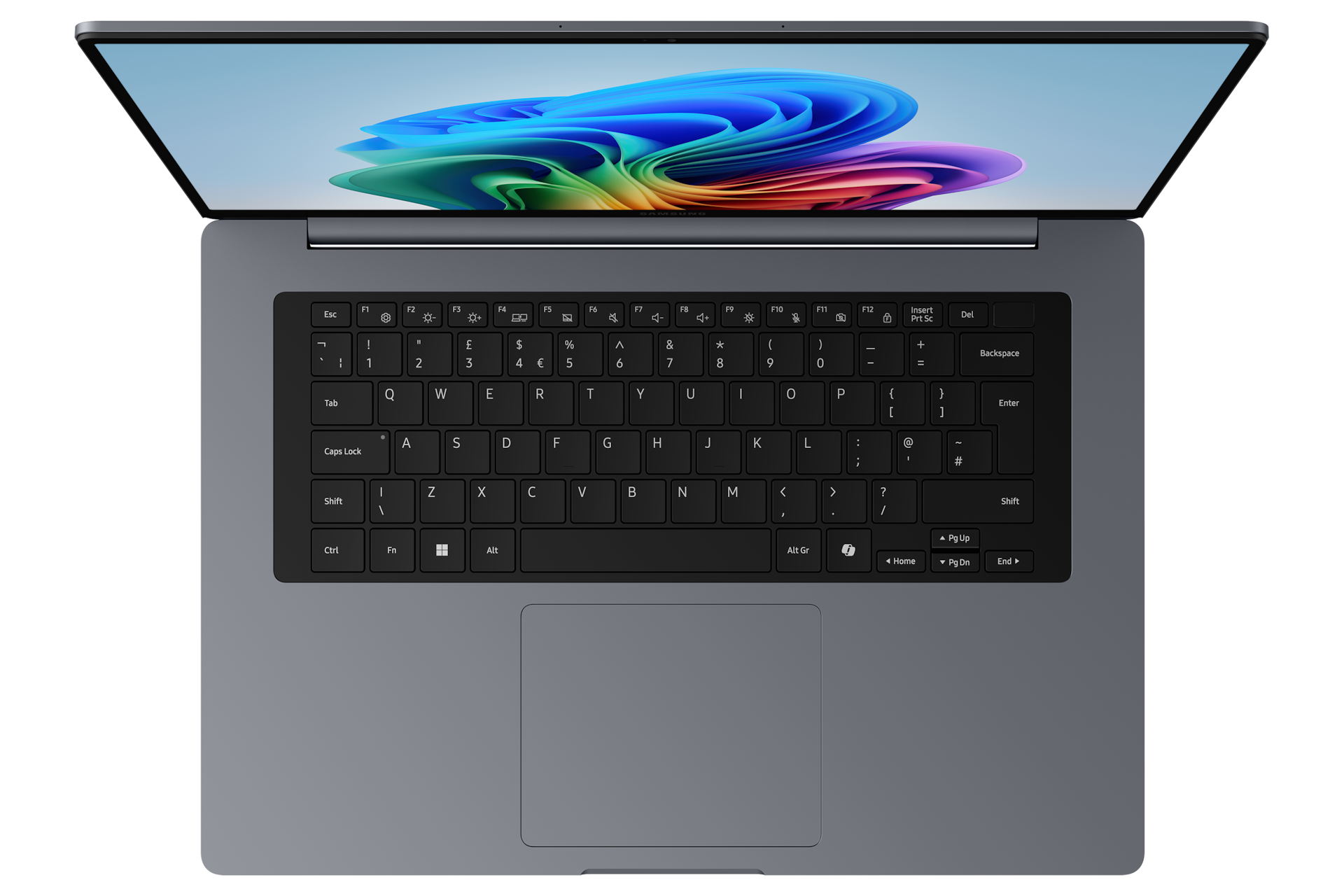 Draufsicht auf einen grauen Laptop mit schwarzer Tastatur und buntem abstrakten Hintergrund auf dem Bildschirm.