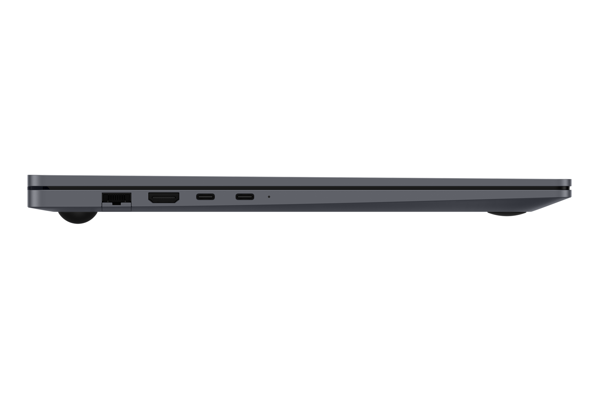 Seitenansicht eines dünnen dunkelgrauen Laptops mit Anschlüssen wie Ethernet, HDMI und zwei USB-C-Anschlüssen.