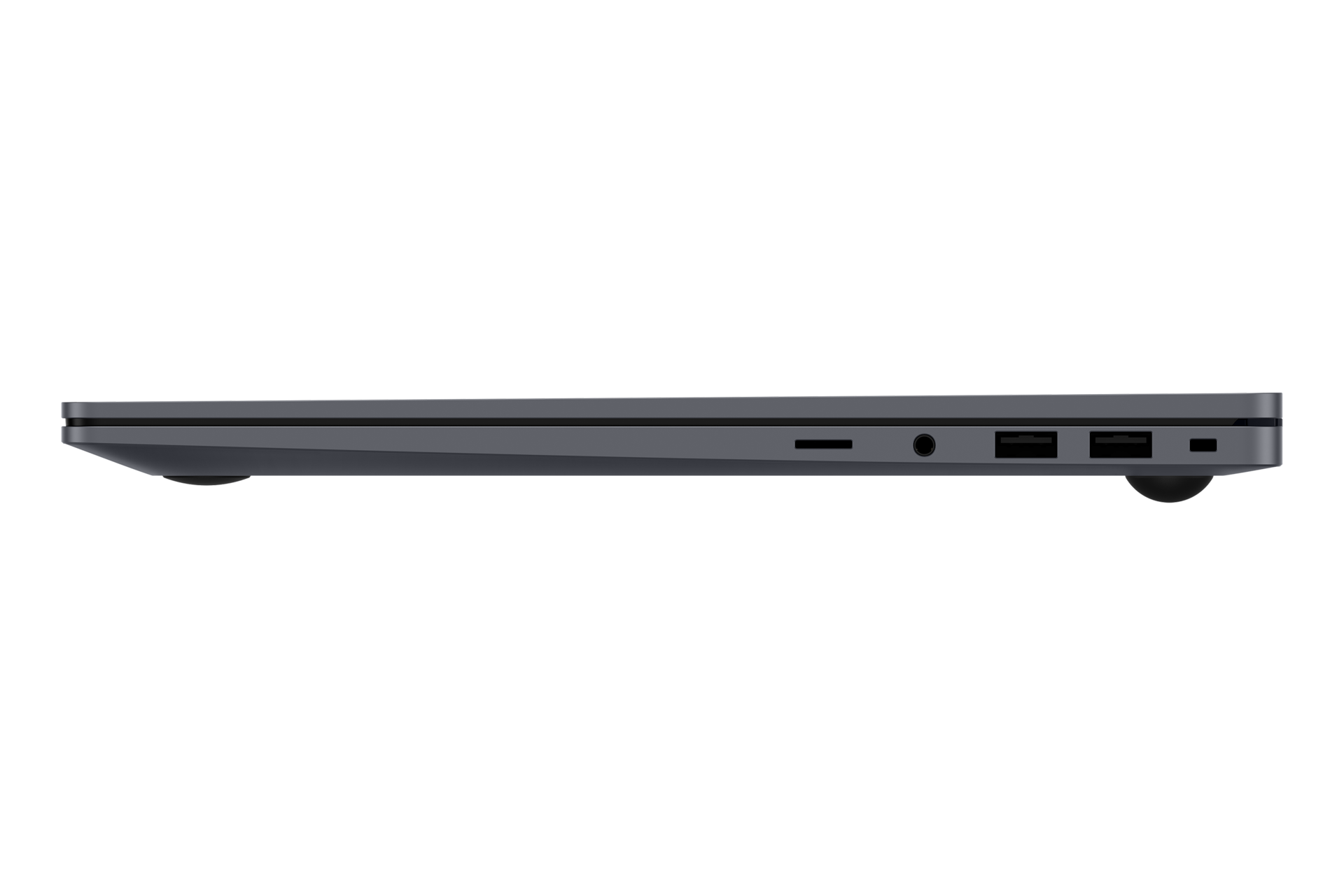 Seitenansicht eines geschlossenen dunklen Laptops mit sichtbaren Anschlüssen.