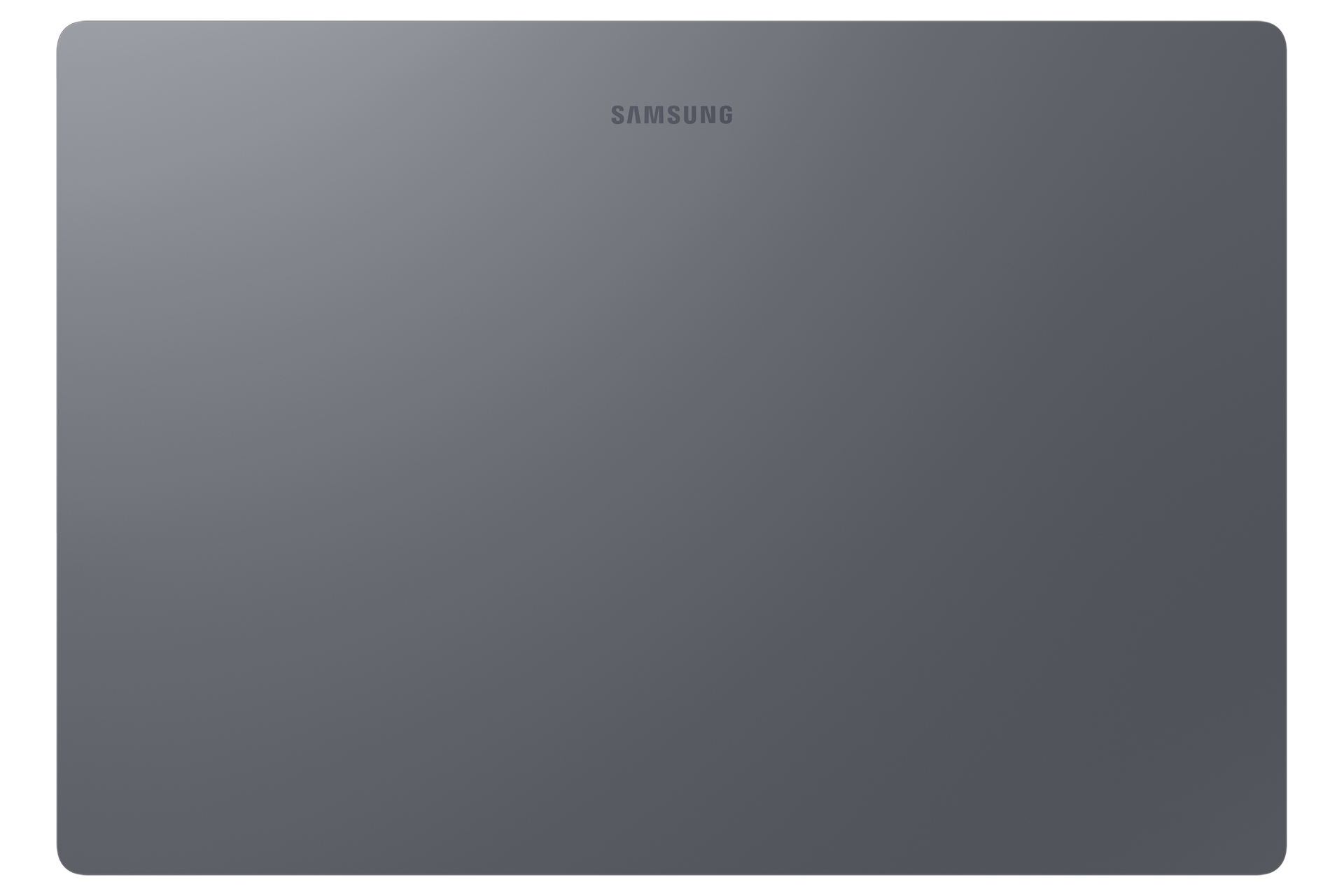 Rückseite eines grauen Samsung-Tablets mit abgerundeten Ecken und zentriertem Samsung-Logo.