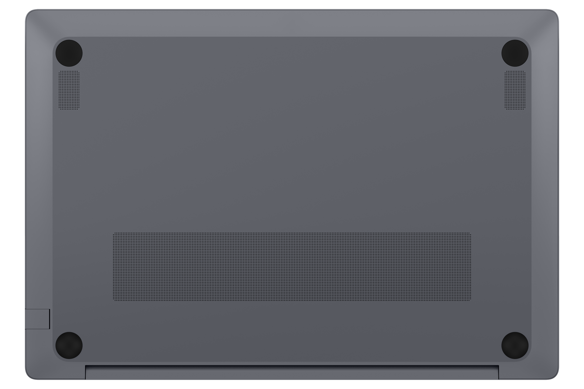 Unterseite eines grauen Laptops mit vier runden Gummifüßen, Lüftungsgittern und einem großen zentralen Gitter.