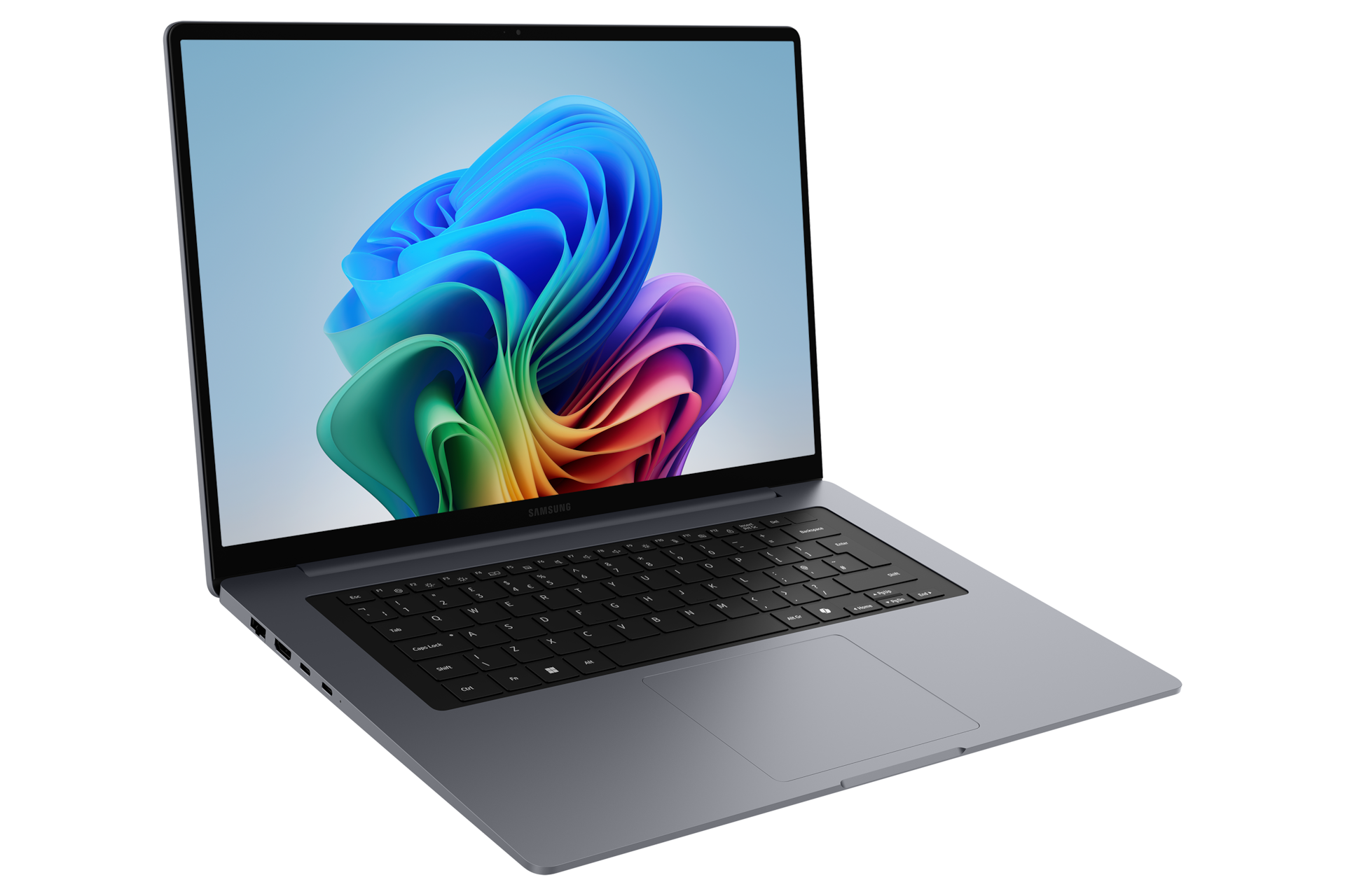 Ein silberner Laptop auf schwarzem Hintergrund mit einem bunten, geschwungenen abstrakten Muster auf dem Bildschirm.