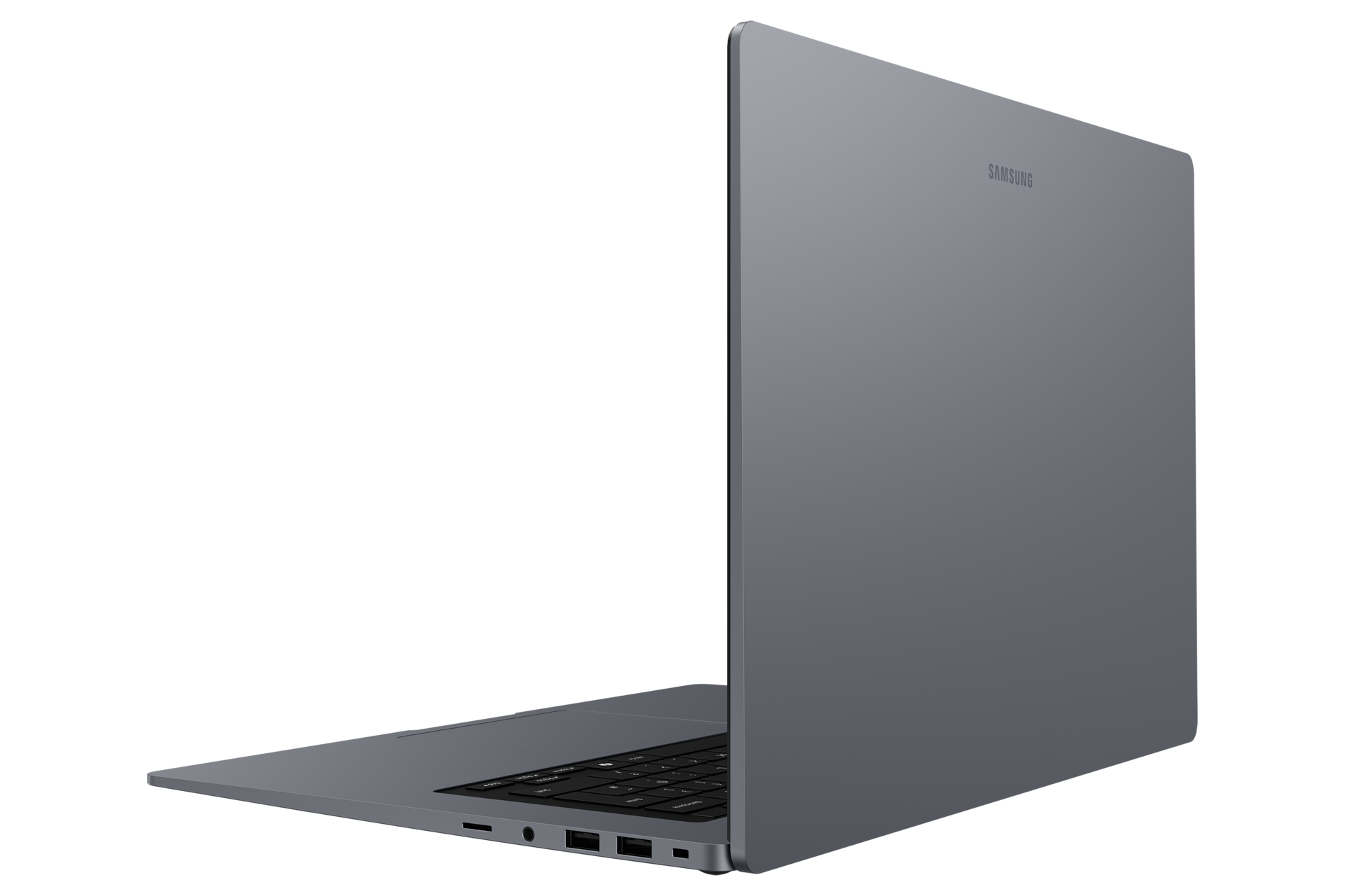 Ein grauer Samsung-Laptop auf schwarzem Hintergrund, Ansicht von hinten rechts mit sichtbaren Anschlüssen.