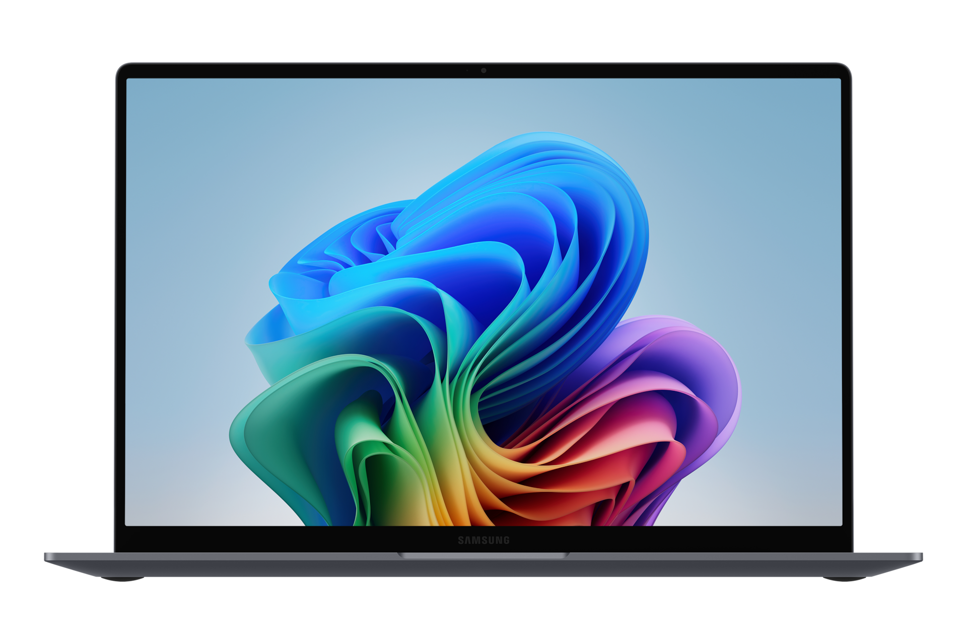 Ein Samsung-Laptop zeigt auf seinem Bildschirm eine lebendige, farbenfrohe abstrakte Wellengrafik vor schwarzem Hintergrund.