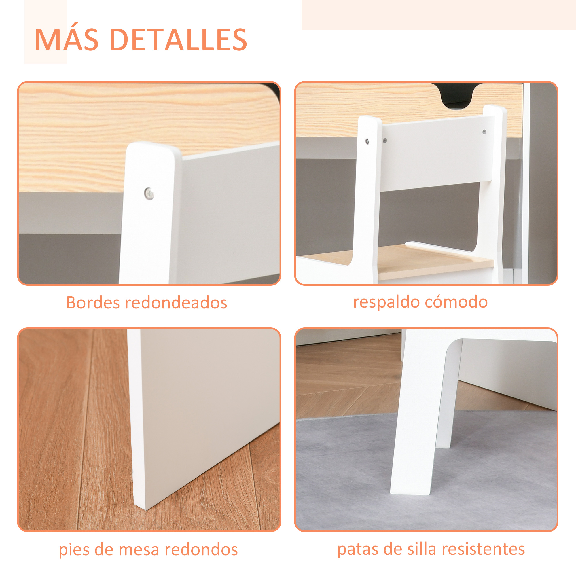Cuatro primeros planos muestran detalles de un escritorio y silla de madera con bordes redondeados.