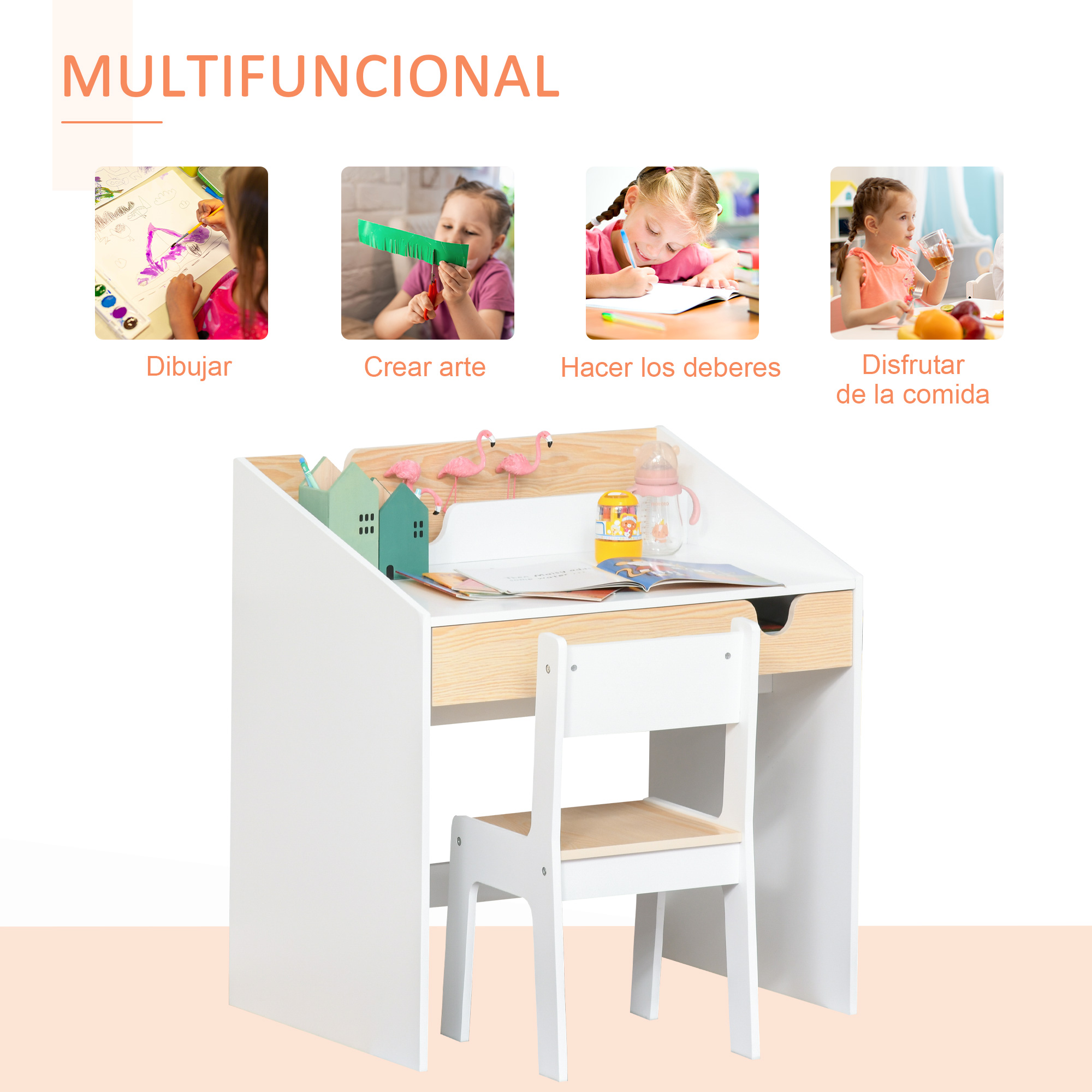 Escritorio infantil blanco multifuncional con silla a juego, juguetes y pequeñas imágenes que muestran actividades.