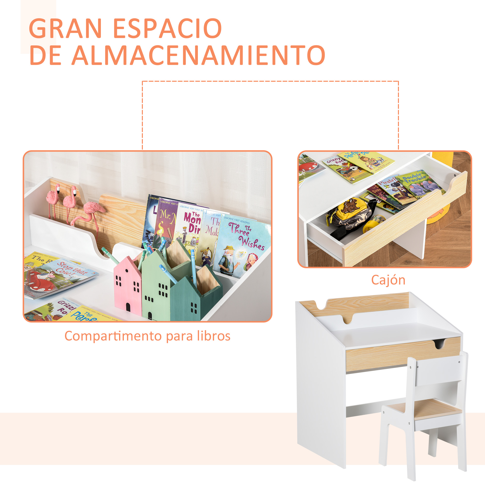 Escritorio infantil con silla, soporte para libros y cajón de almacenamiento.
