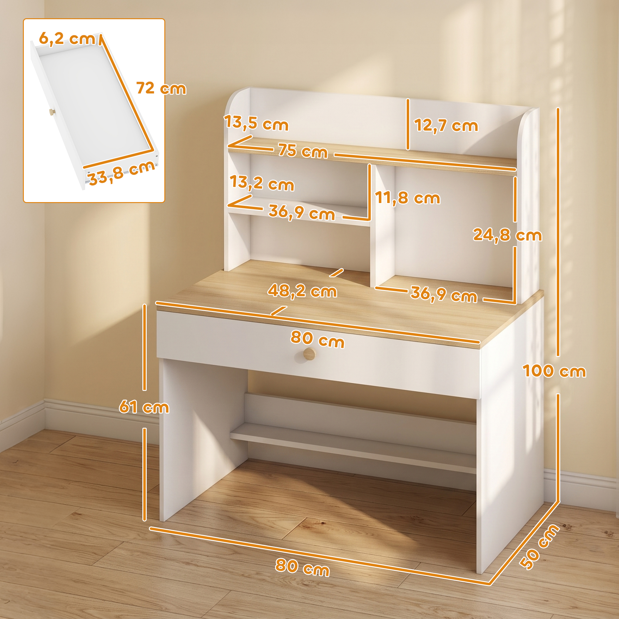 Escritorio blanco y de madera con estantería superior y etiquetas de medidas.