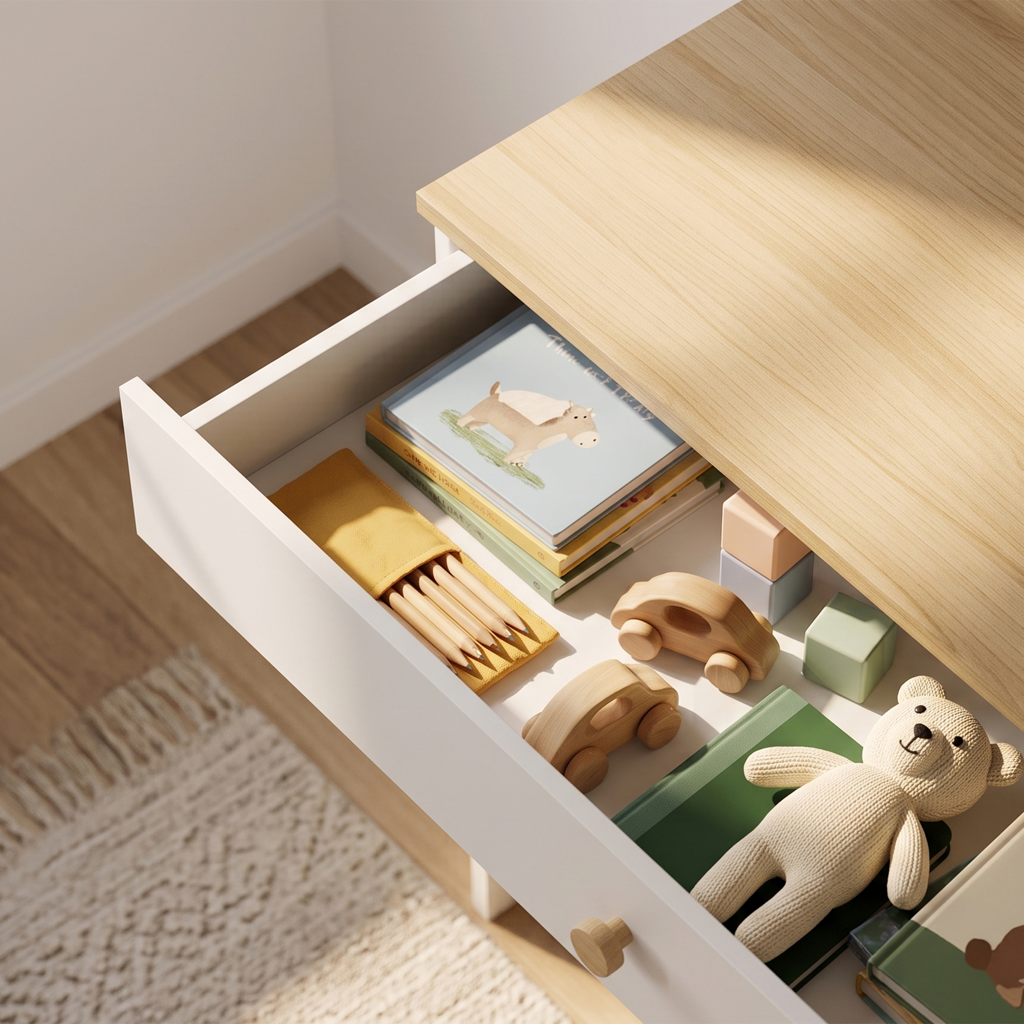 Un cajón blanco abierto con tapa de madera contiene libros infantiles, autos de madera, lápices y un oso de peluche.