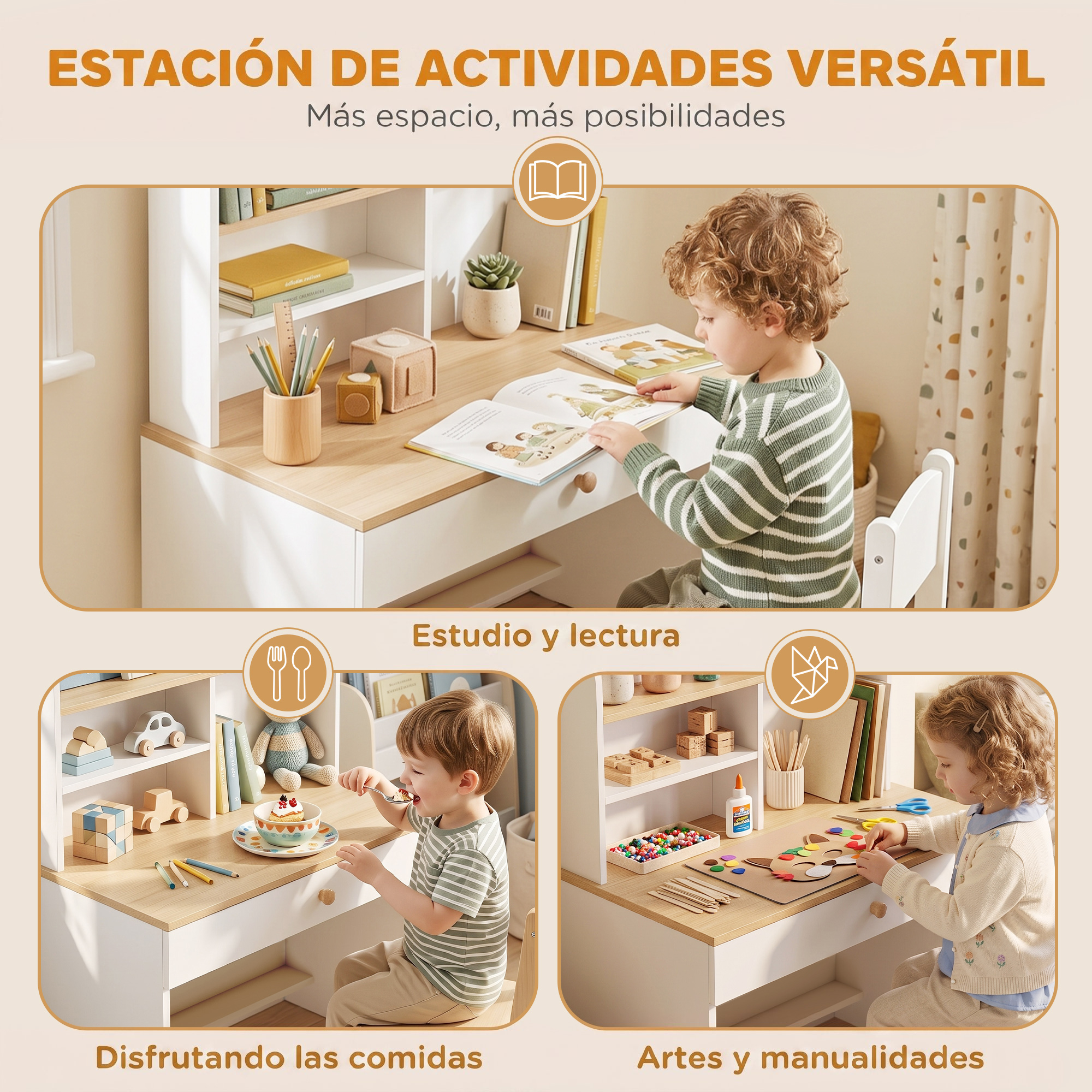 Un niño lee en un escritorio de madera, otro come y un tercero hace manualidades.