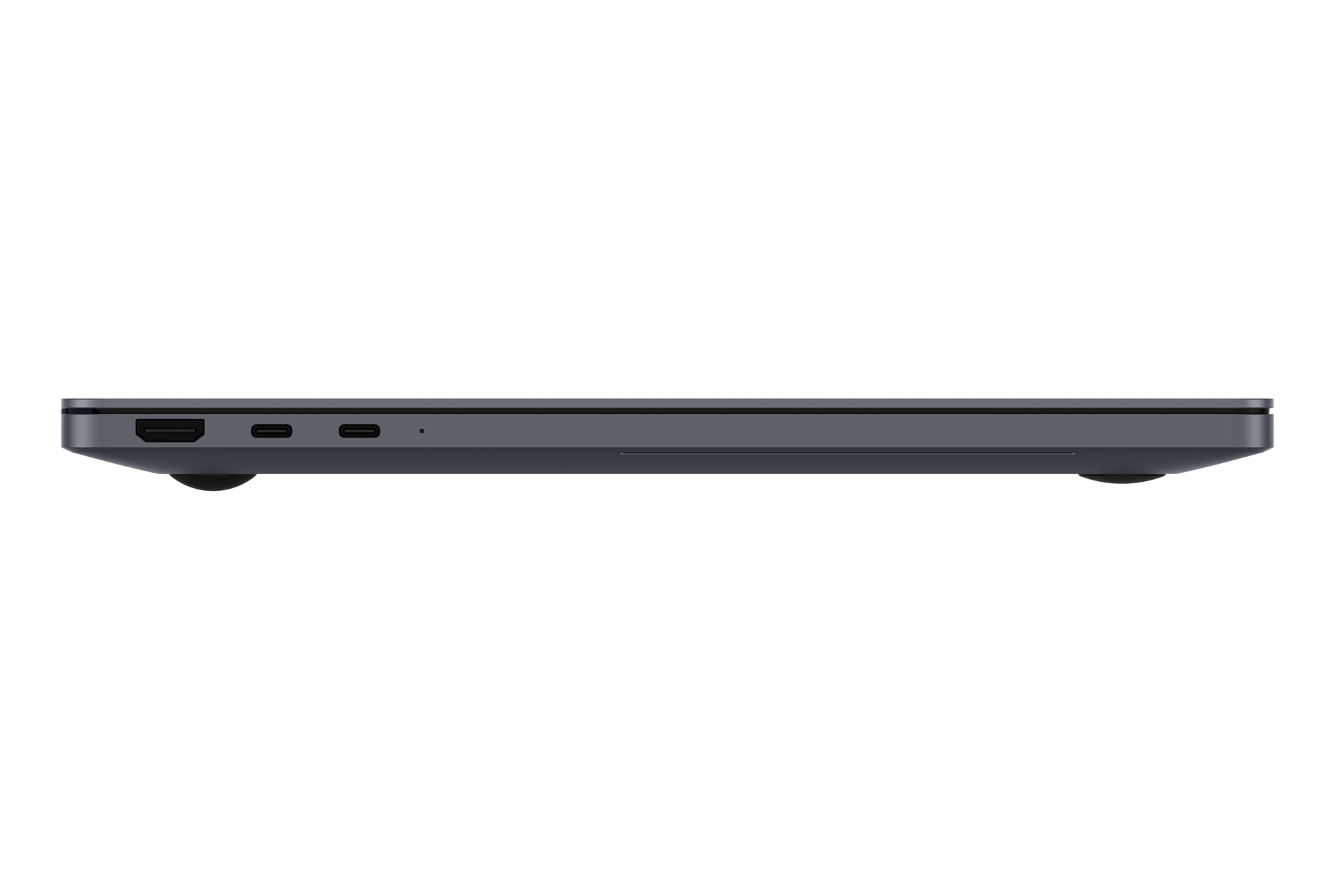 Seitenansicht eines dunkelgrauen Laptops mit Anschlüssen wie HDMI und USB-C vor schwarzem Hintergrund.
