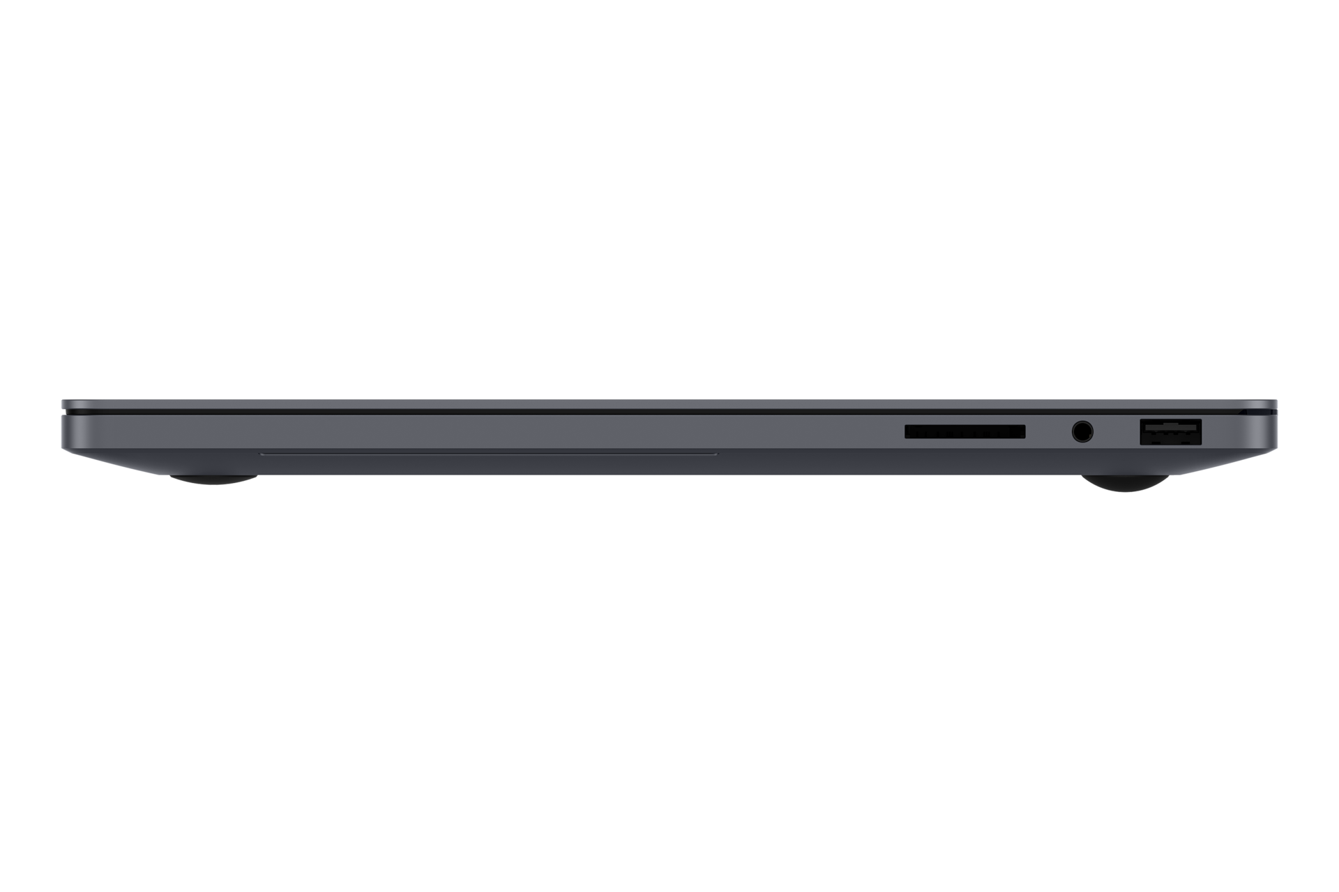 Seitenansicht eines geschlossenen dunklen Laptops mit USB-Anschluss und Klinkenbuchse auf schwarzem Hintergrund.