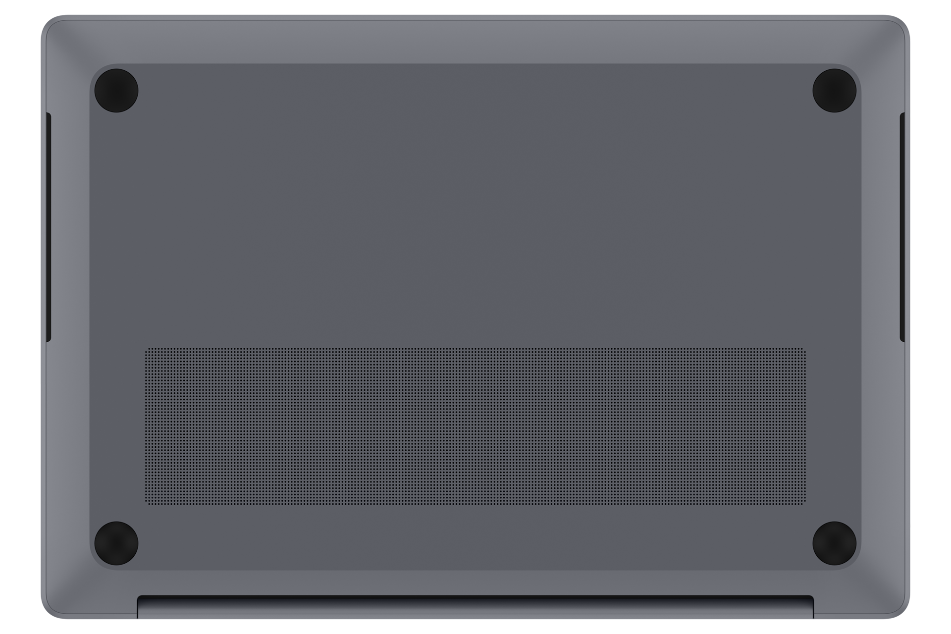 Die Unterseite eines grauen Laptops mit vier runden schwarzen Füßen und einer Lüftungsöffnung.