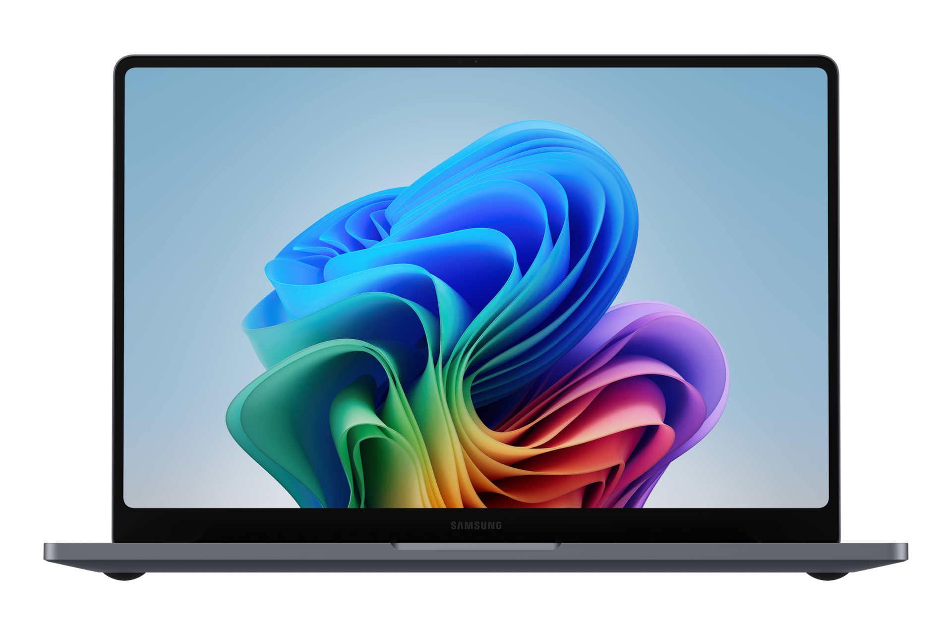 Ein grauer Samsung Laptop zeigt ein buntes, geschwungenes Kunstwerk auf dem Bildschirm.