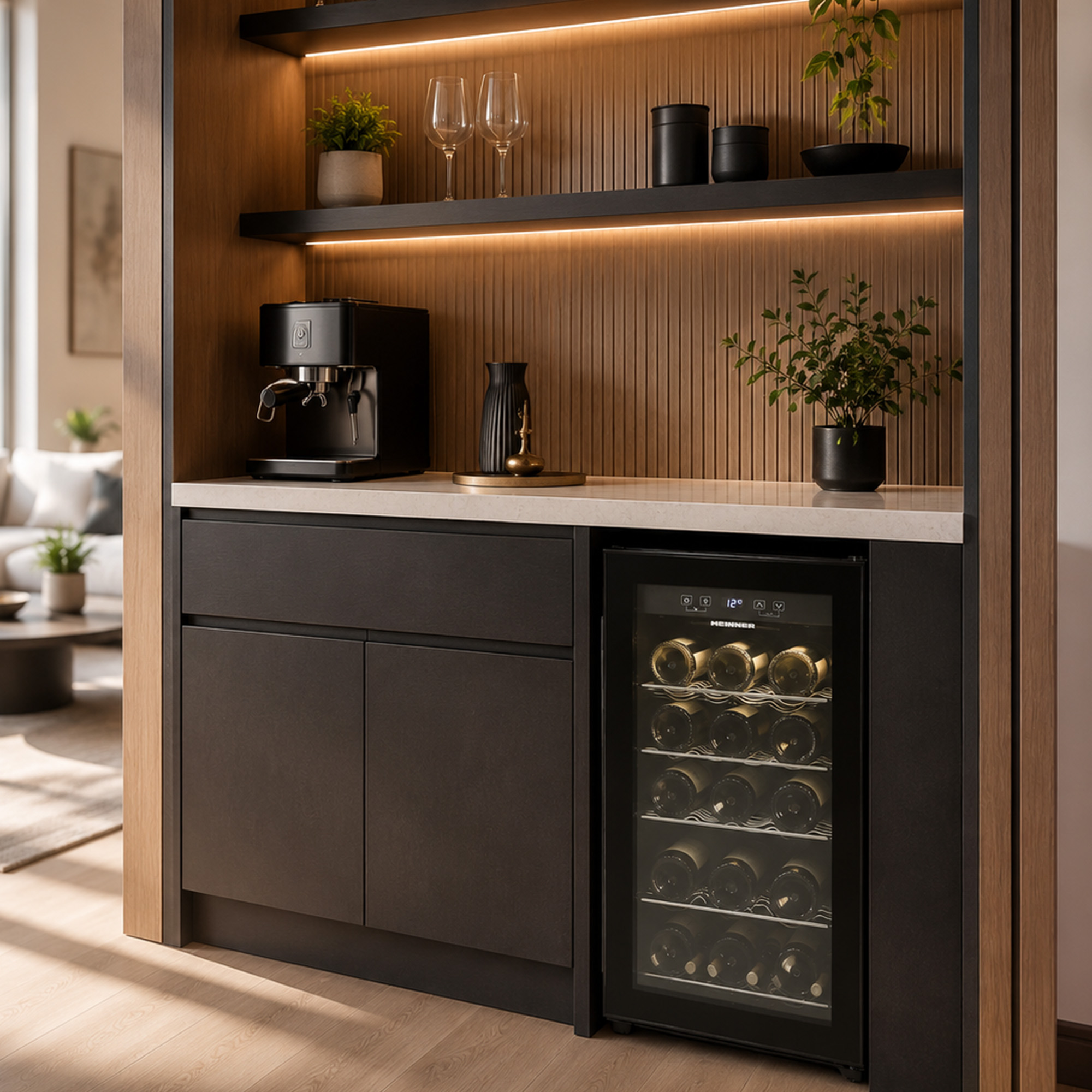 Moderne Kaffeebar mit beleuchteten Regalen, Espressomaschine, Wein kühlschrank und Holzelementen.