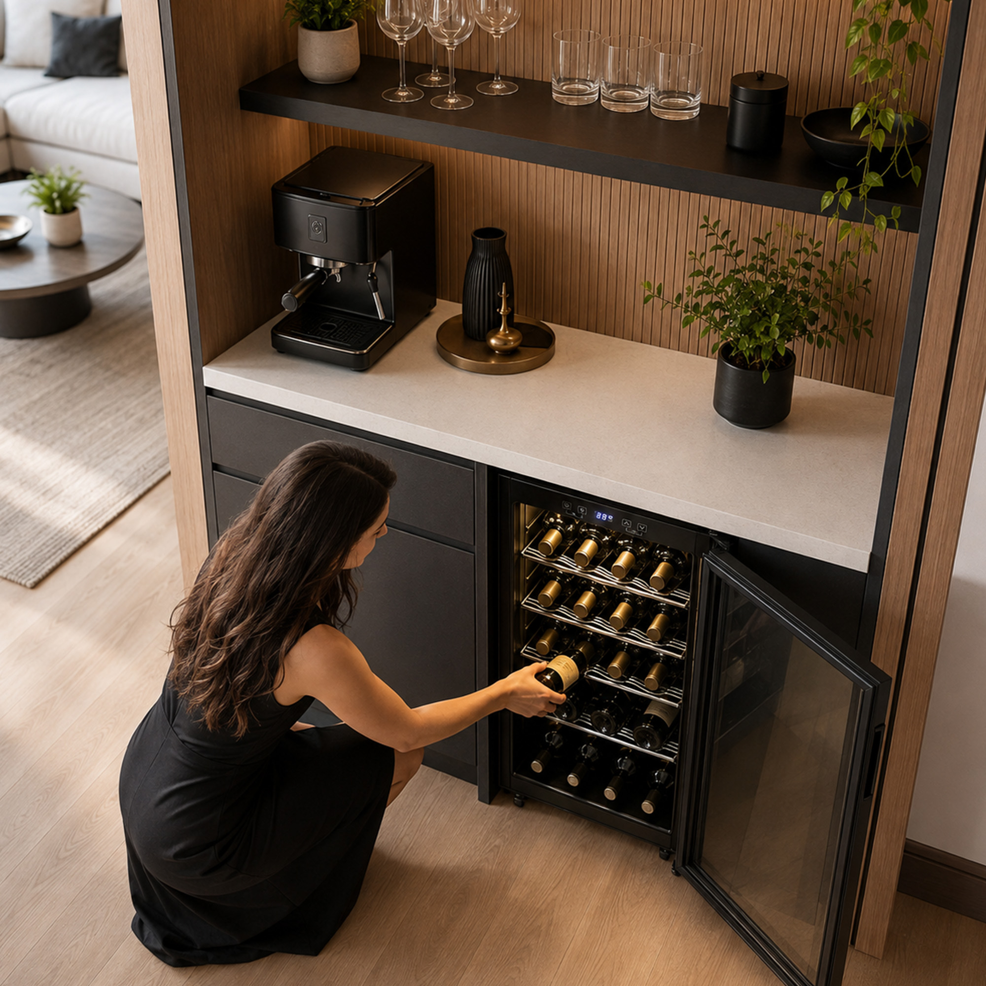 Eine Frau im schwarzen Kleid greift in einer modernen Küche in einen Weinkühlschrank.