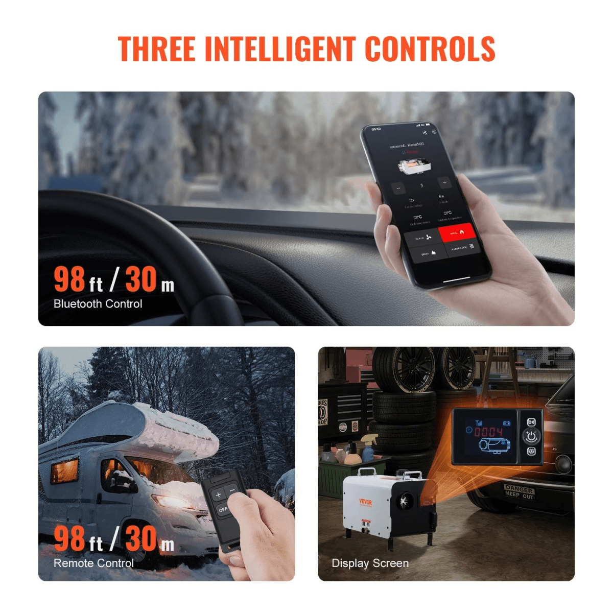 Tres controles inteligentes: aplicación Bluetooth, control remoto y pantalla para un calefactor.