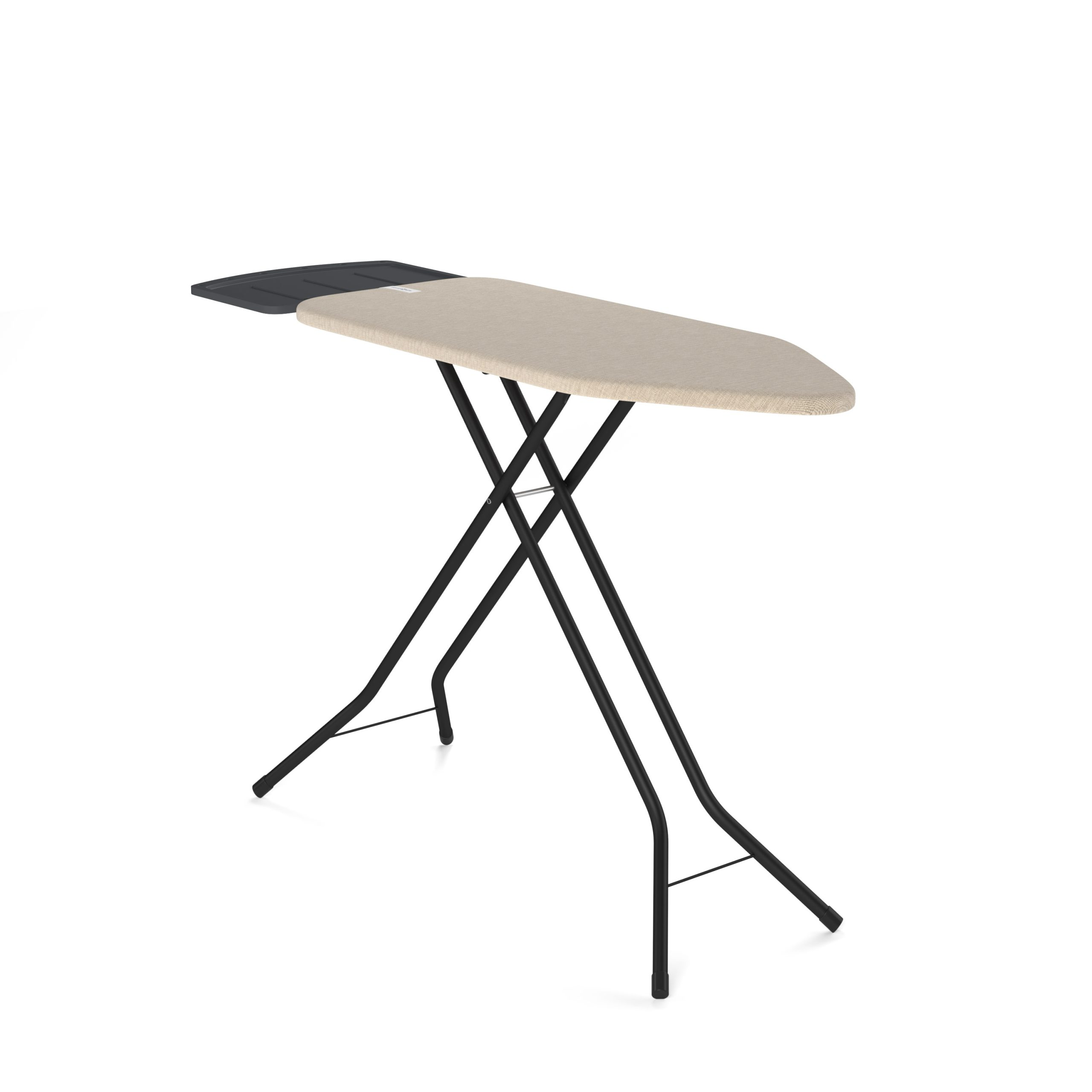 An ironing board with a light-colored cover and black metal legs.