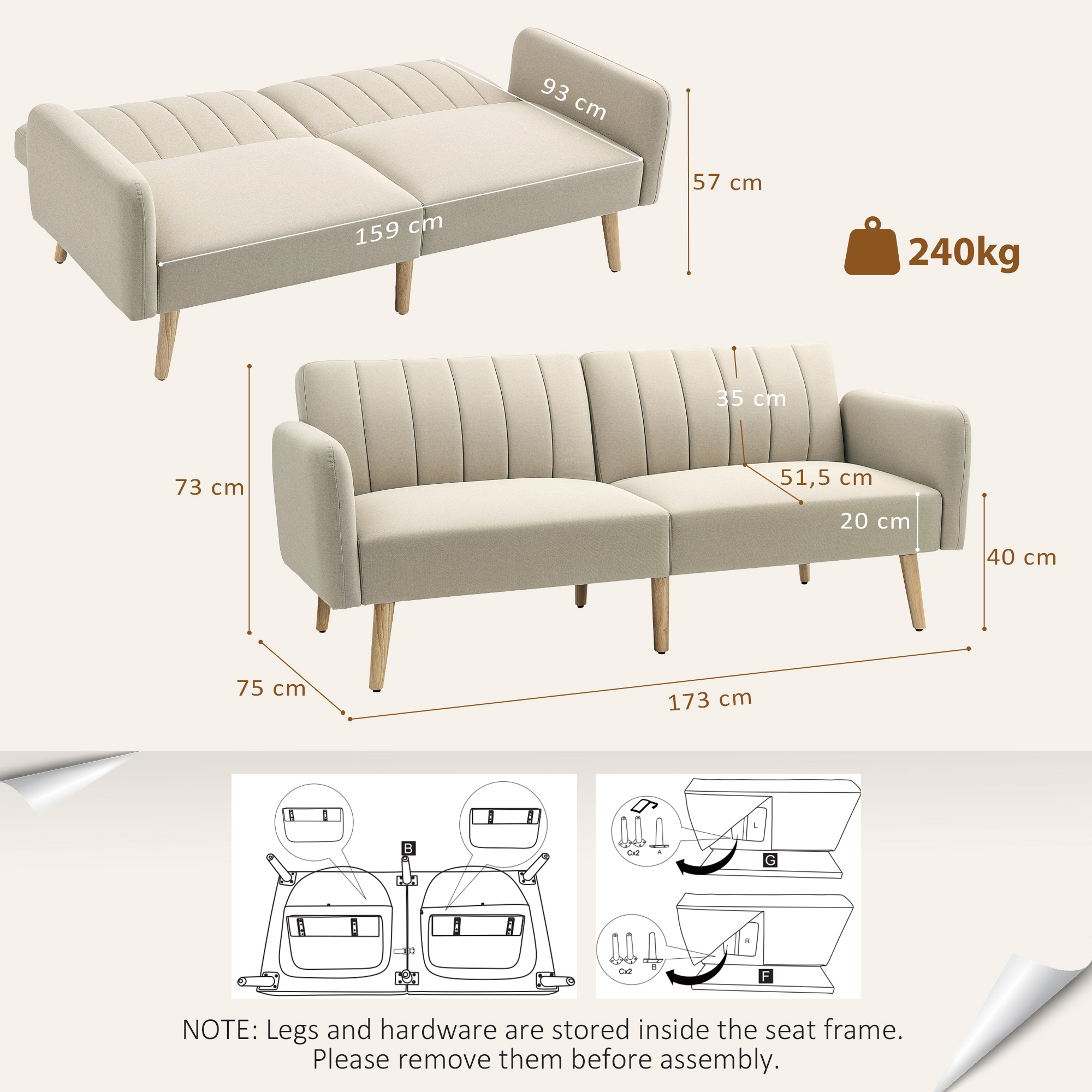 Sofá cama beige con dimensiones y guía de instalación para las patas de madera.