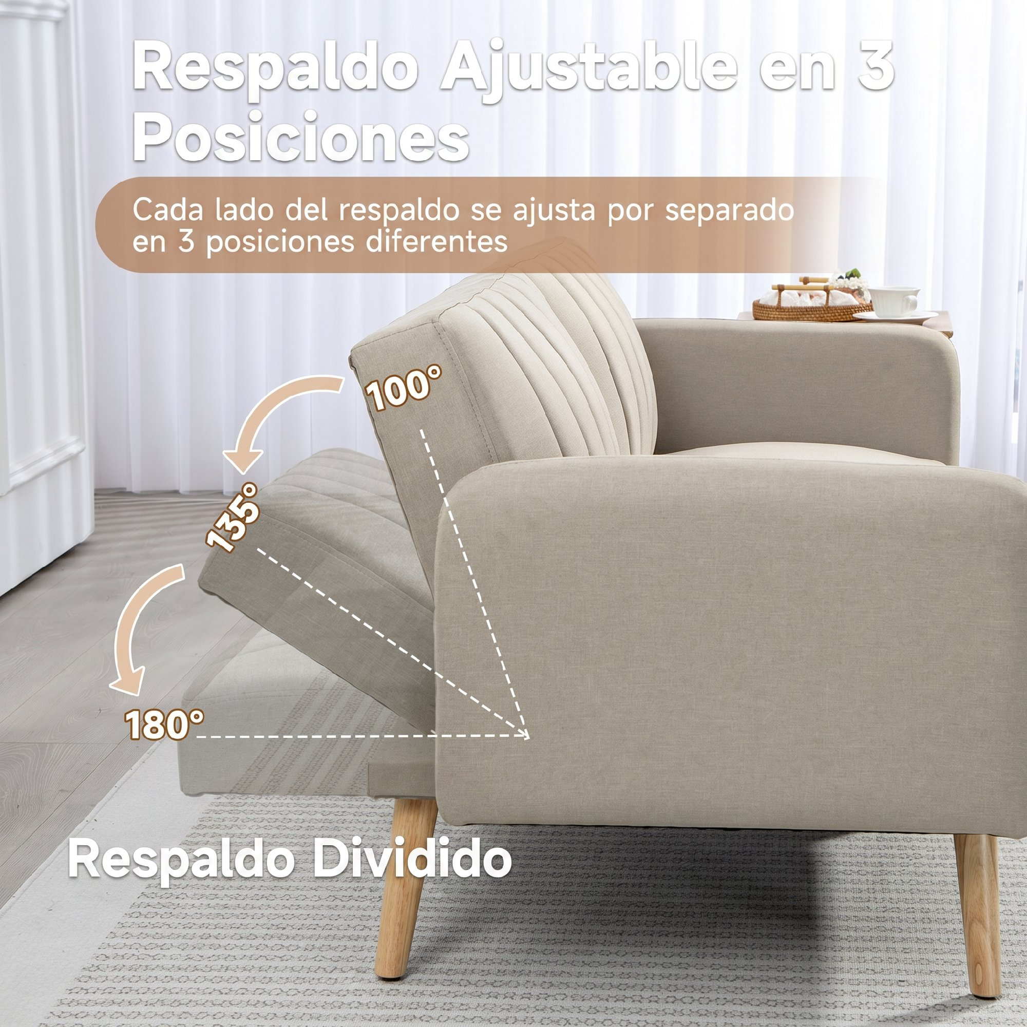 Sofá cama beige con 3 posiciones de respaldo ajustables: 100, 135 y 180 grados.