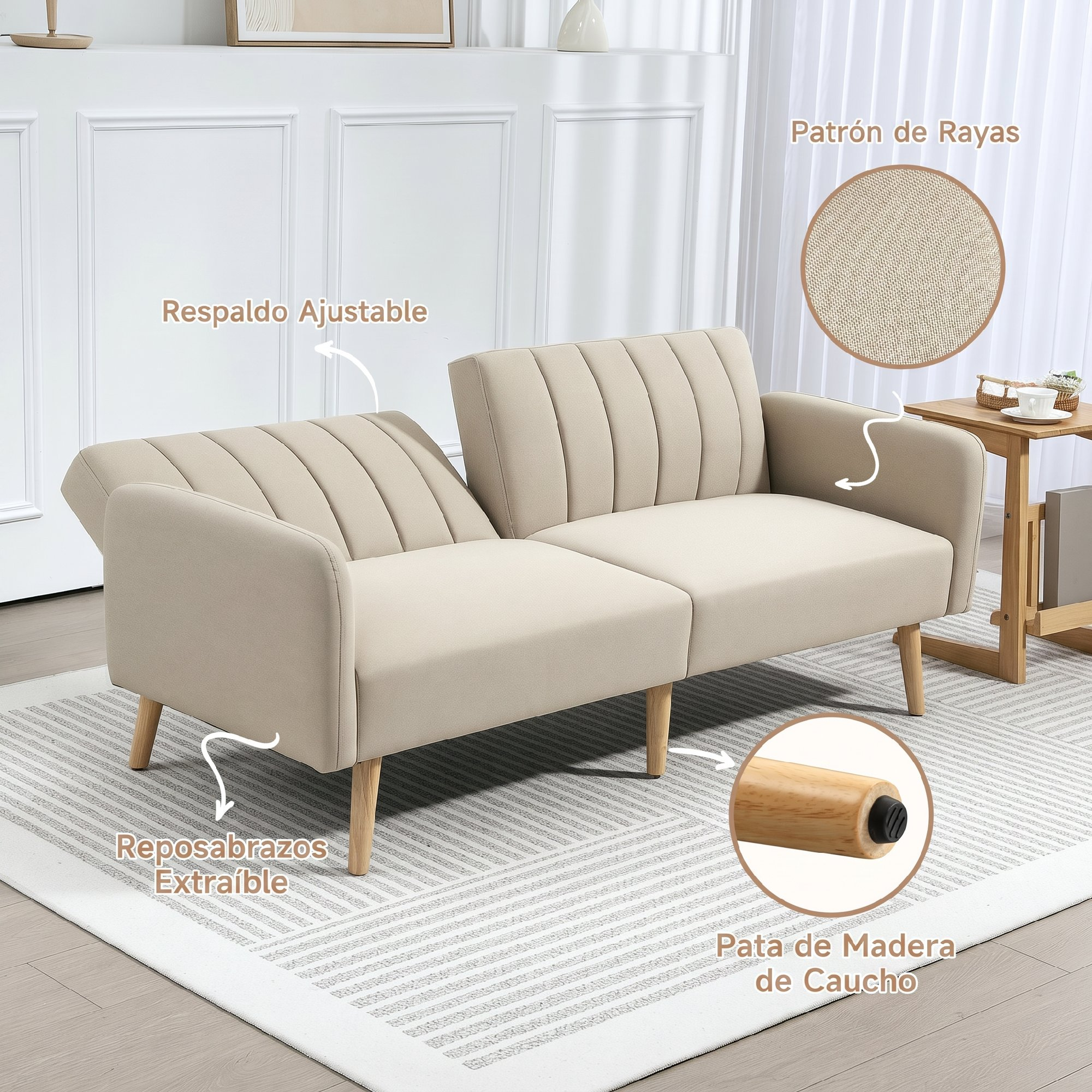 Sofá cama capitoné beige con patas de madera y llamadas de texto sobre una alfombra.